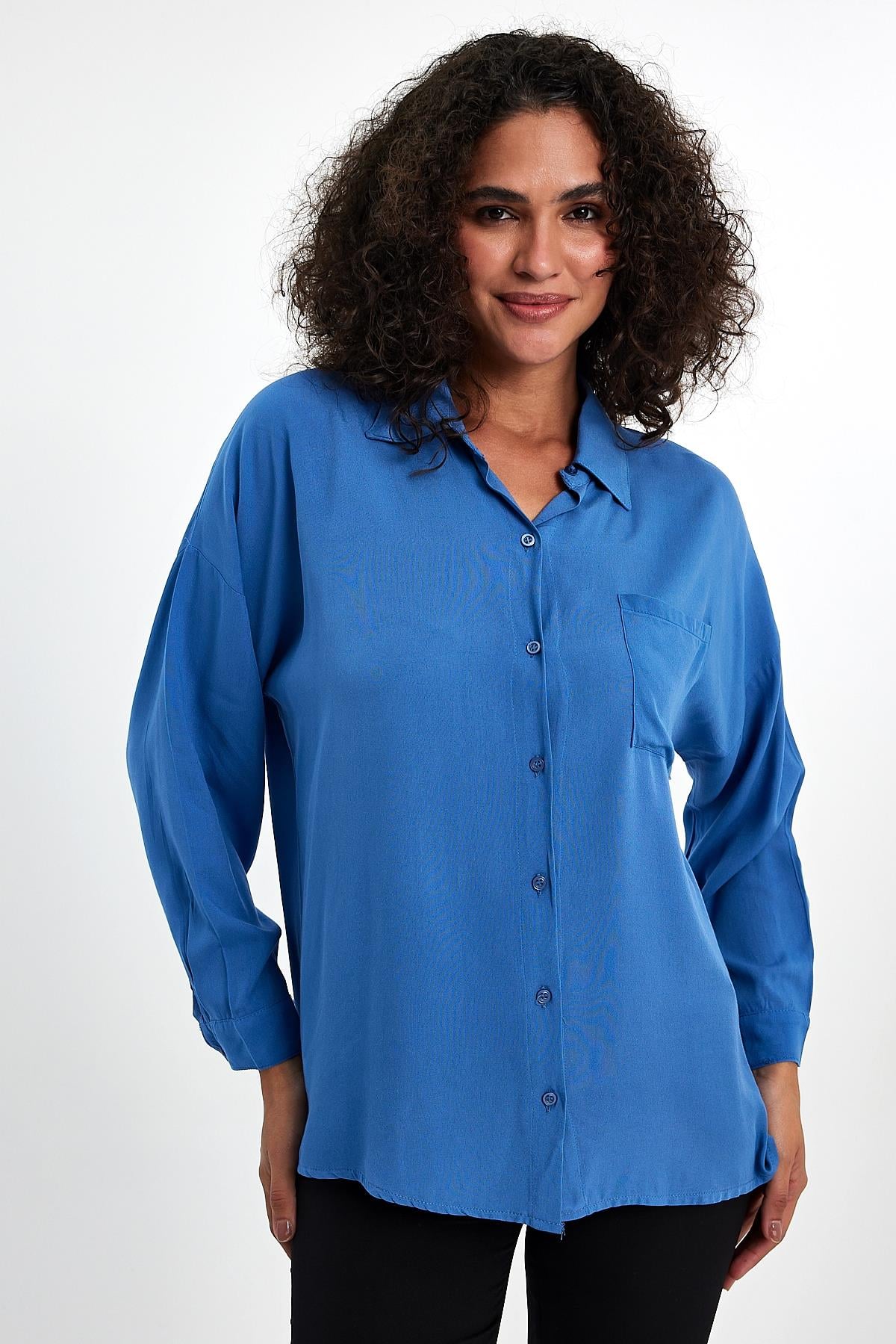 FİHA/3040-KADIN OVERSIZE POPLİN GÖMLEK - İNDİGO