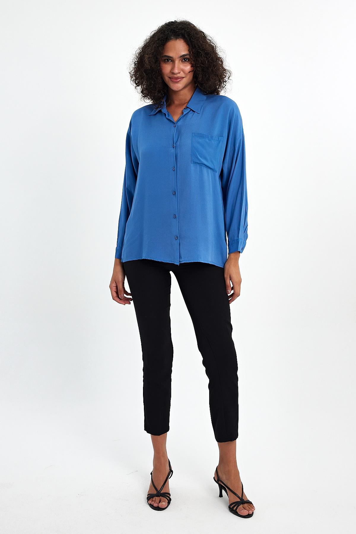FİHA/3040-KADIN OVERSIZE POPLİN GÖMLEK - İNDİGO