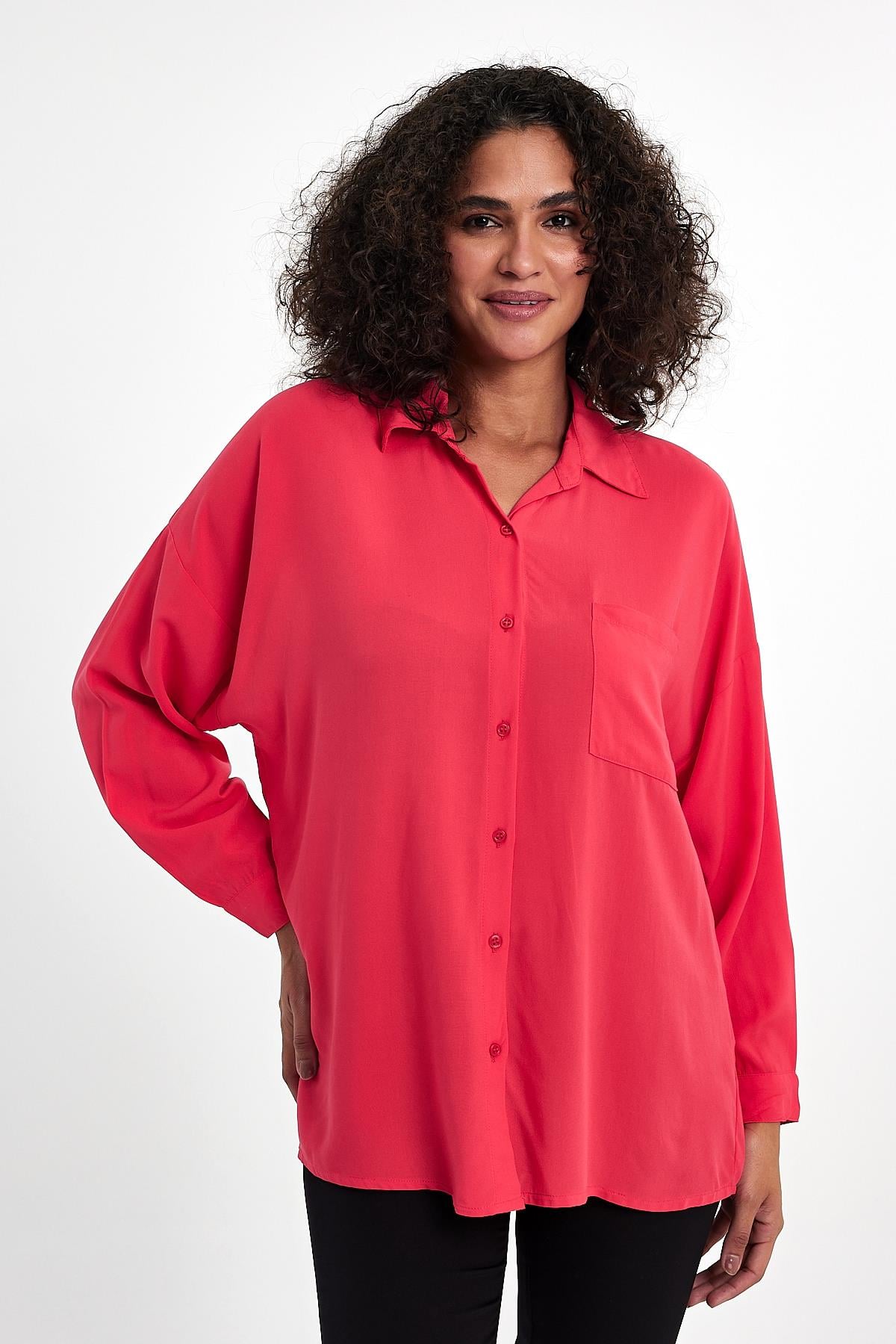 FİHA/3040-KADIN OVERSIZE POPLİN GÖMLEK - MERCAN