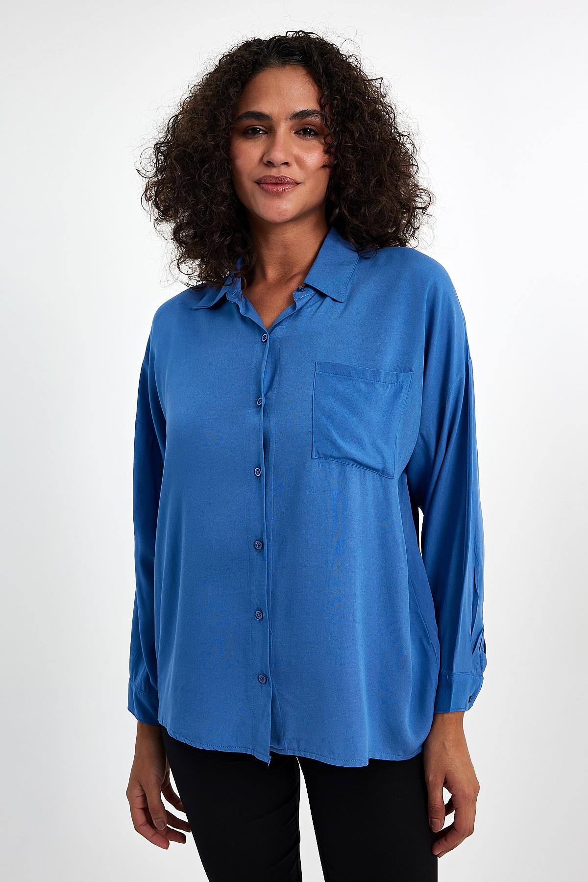 FİHA/3040-KADIN OVERSIZE POPLİN GÖMLEK - İNDİGO