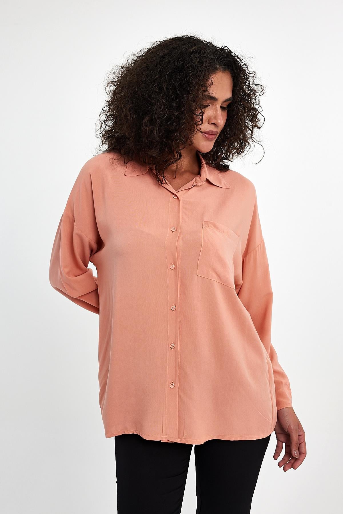 FİHA/3040-KADIN OVERSIZE POPLİN GÖMLEK - PUDRA