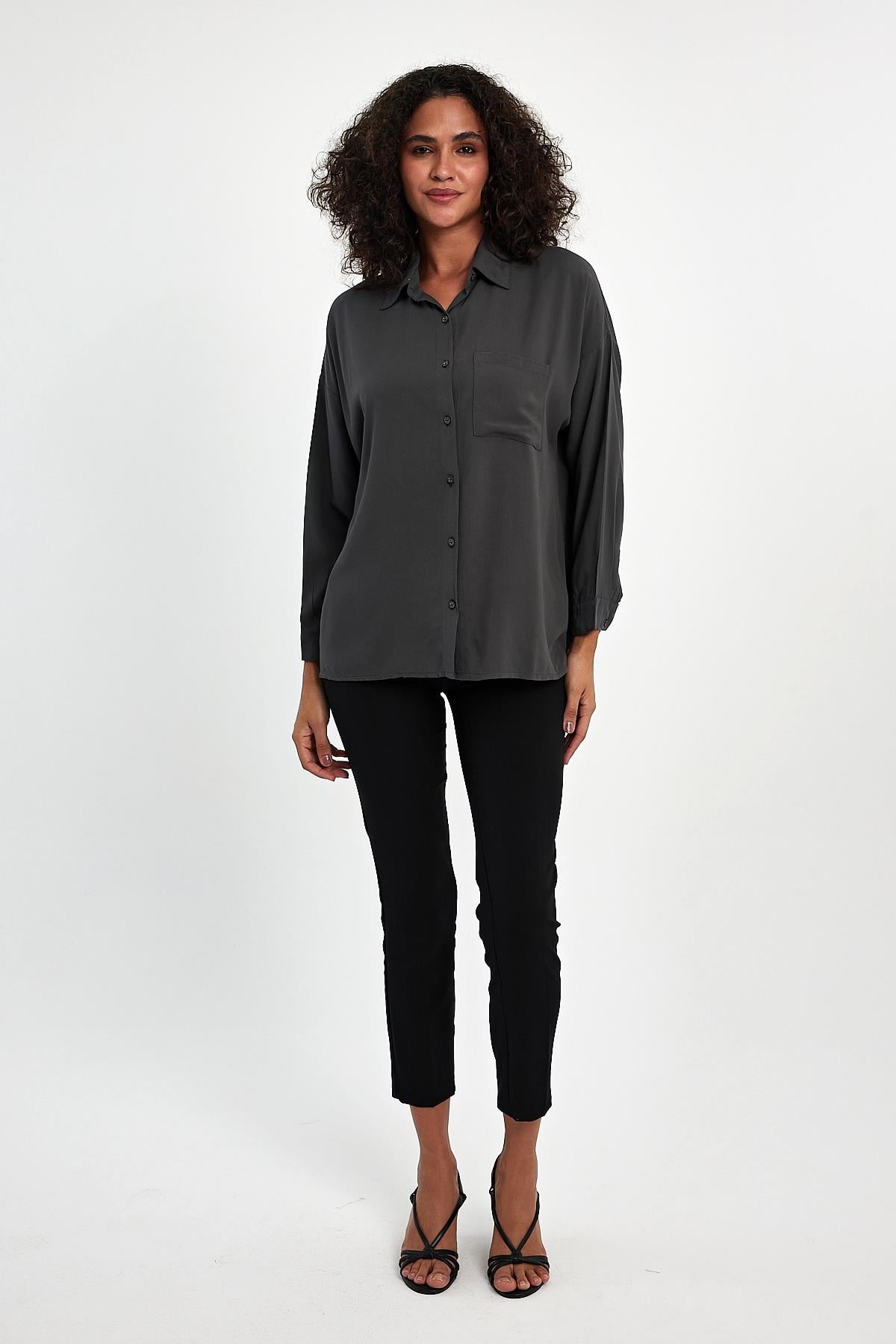 FİHA/3040-KADIN OVERSIZE POPLİN GÖMLEK - ANTRASİT