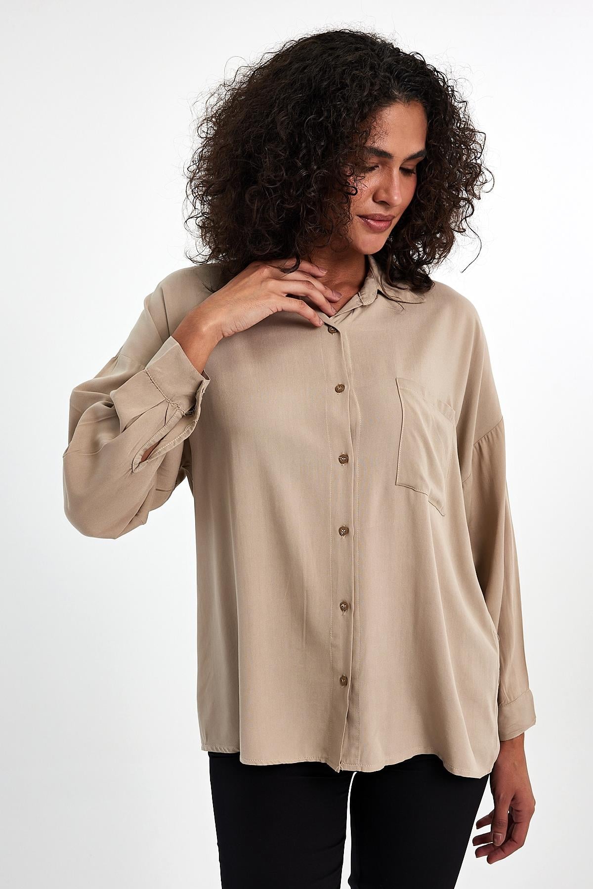 FİHA/3040-KADIN OVERSIZE POPLİN GÖMLEK - BEJ
