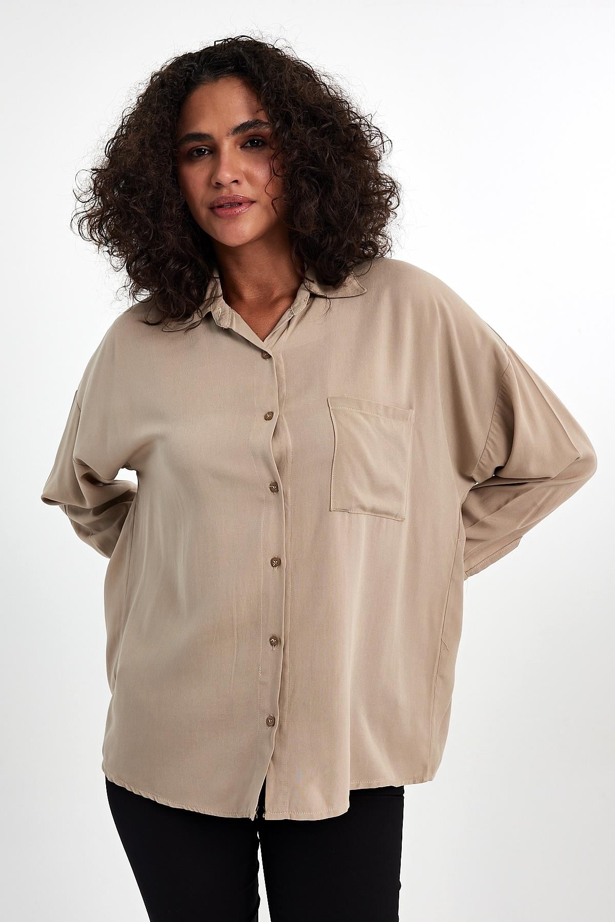 FİHA/3040-KADIN OVERSIZE POPLİN GÖMLEK - BEJ