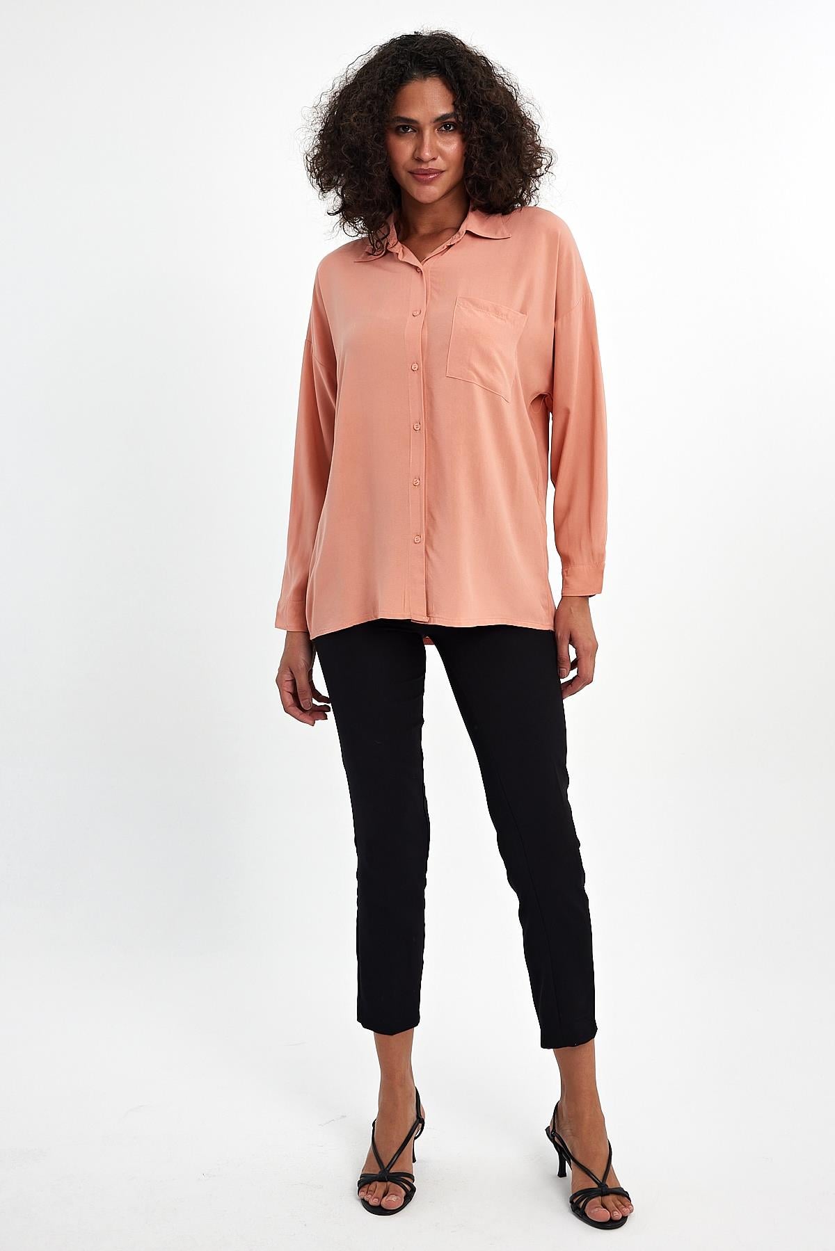 FİHA/3040-KADIN OVERSIZE POPLİN GÖMLEK - PUDRA