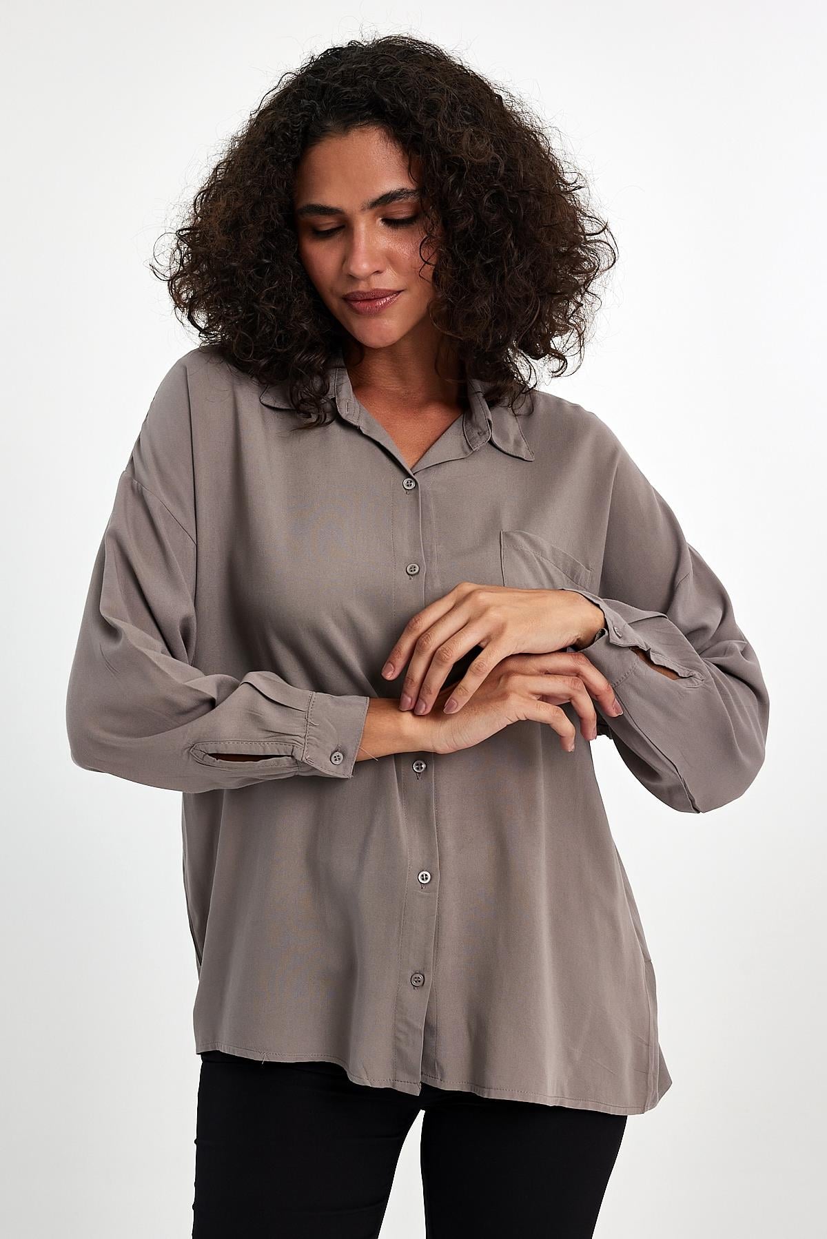 FİHA/3040-KADIN OVERSIZE POPLİN GÖMLEK - TAŞ