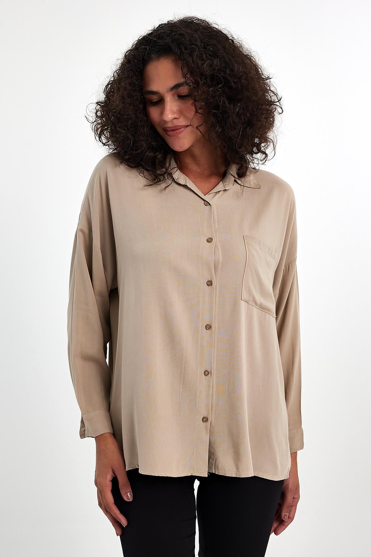 FİHA/3040-KADIN OVERSIZE POPLİN GÖMLEK - BEJ