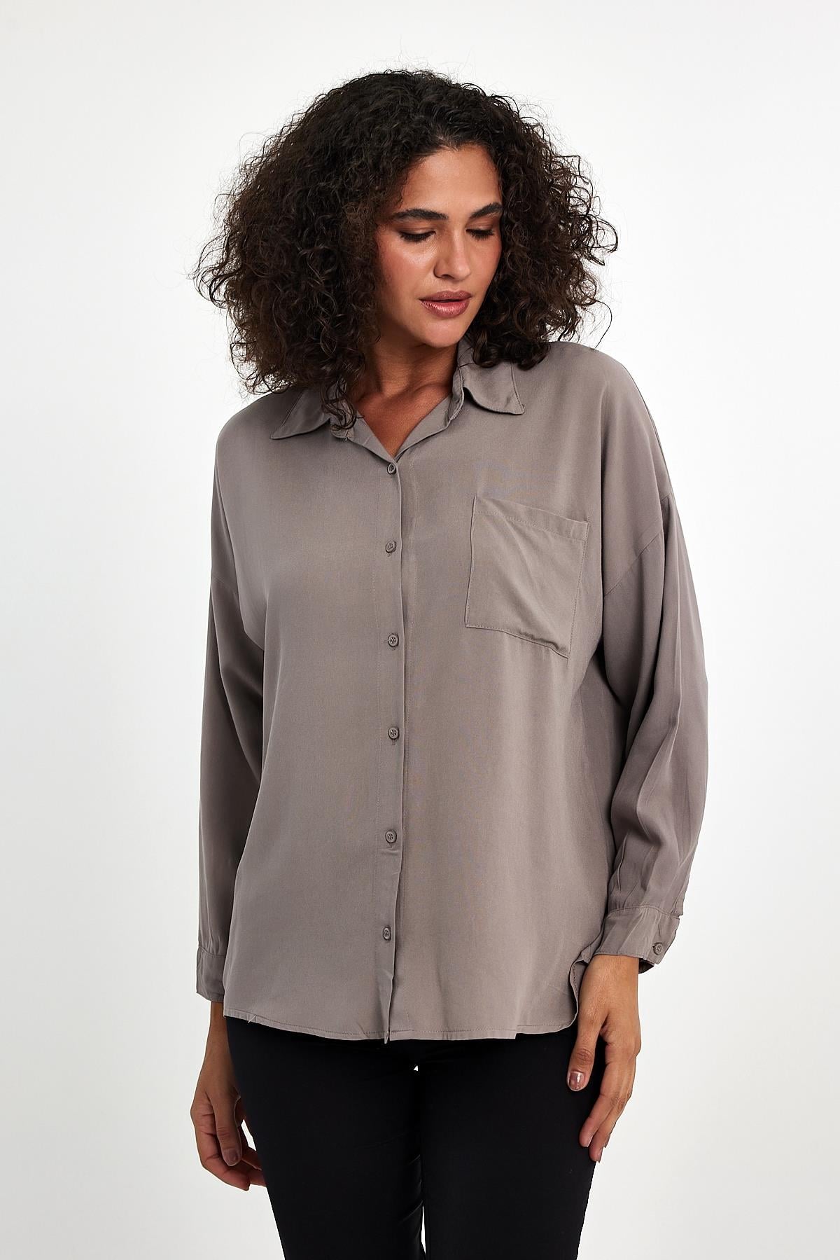 FİHA/3040-KADIN OVERSIZE POPLİN GÖMLEK - TAŞ