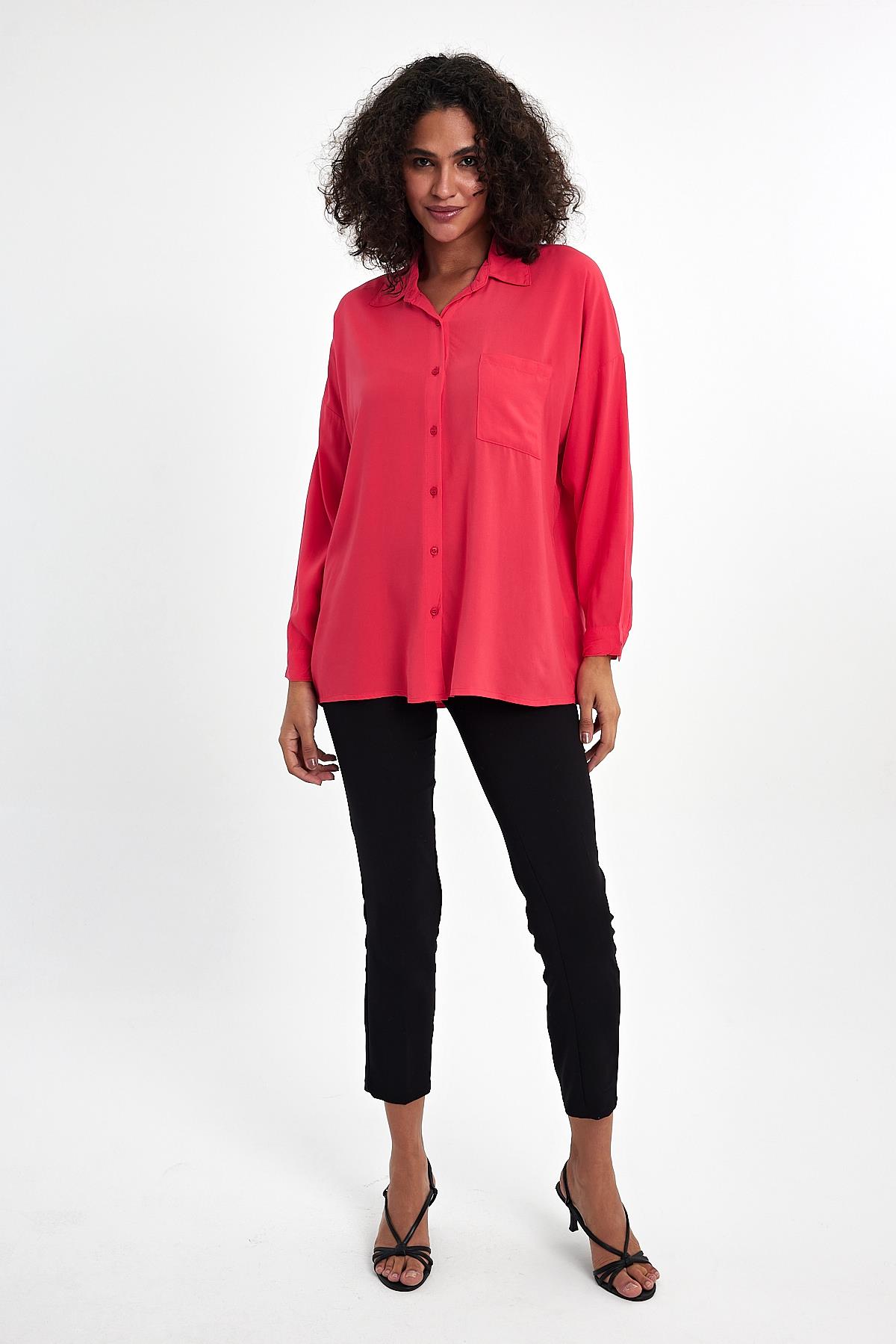 FİHA/3040-KADIN OVERSIZE POPLİN GÖMLEK - MERCAN
