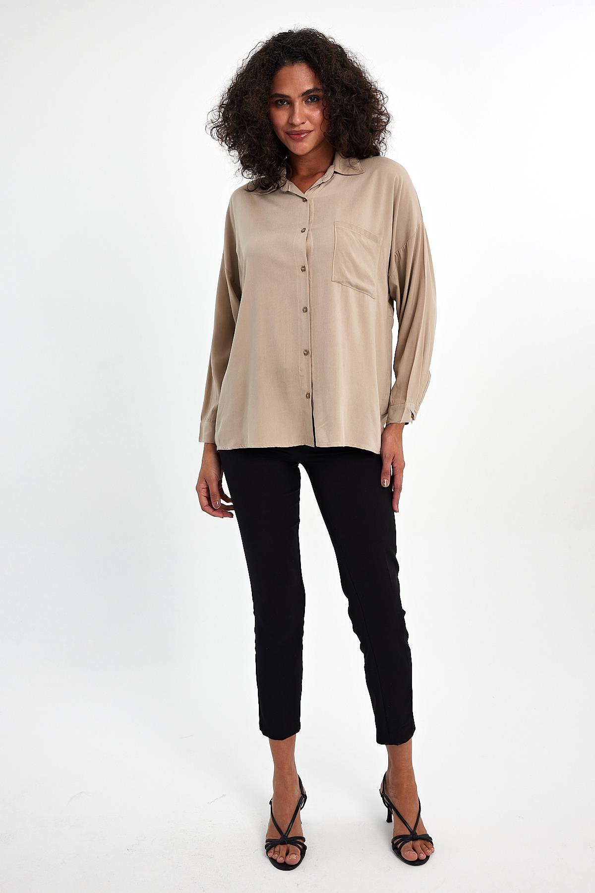 FİHA/3040-KADIN OVERSIZE POPLİN GÖMLEK - BEJ