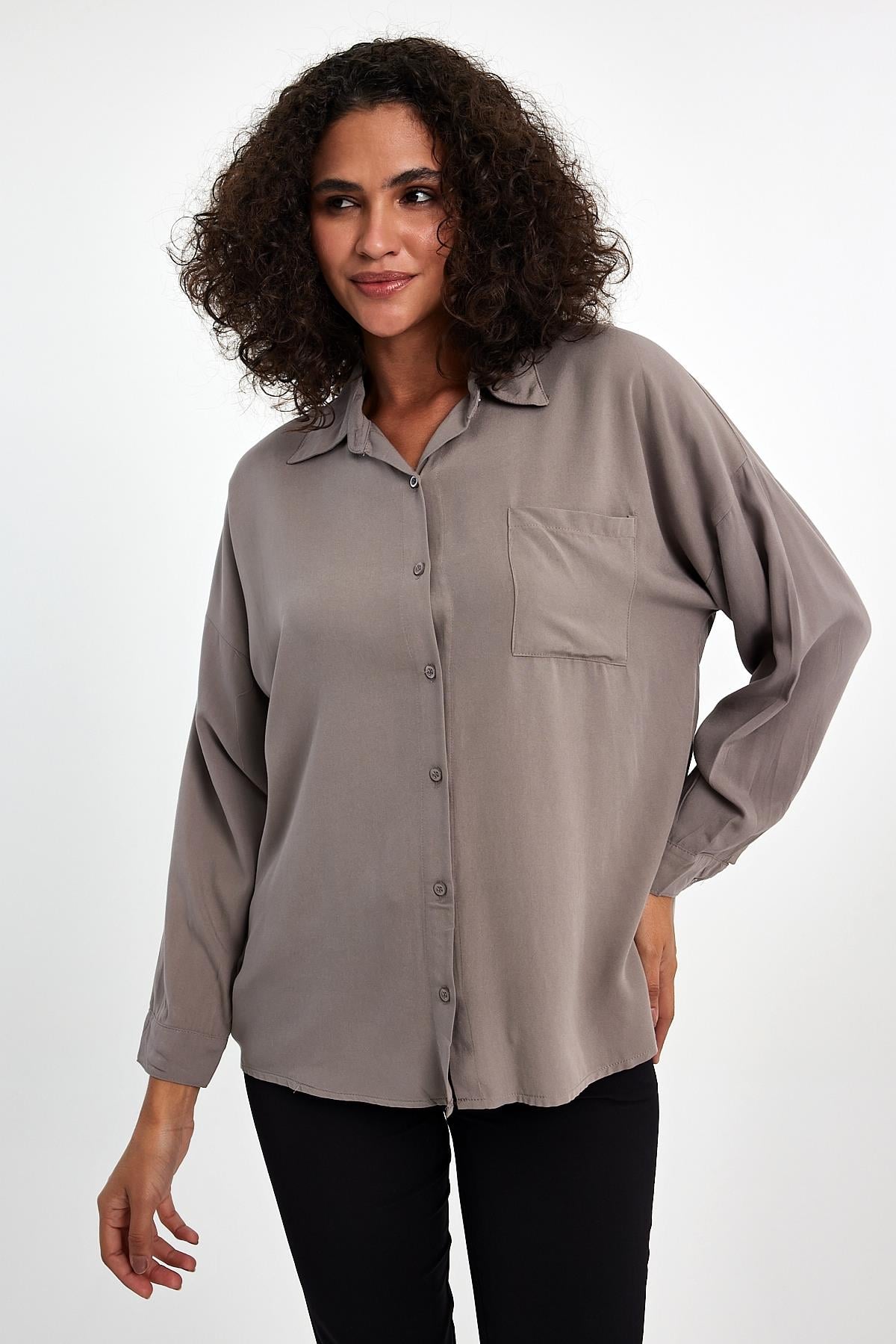 FİHA/3040-KADIN OVERSIZE POPLİN GÖMLEK - TAŞ