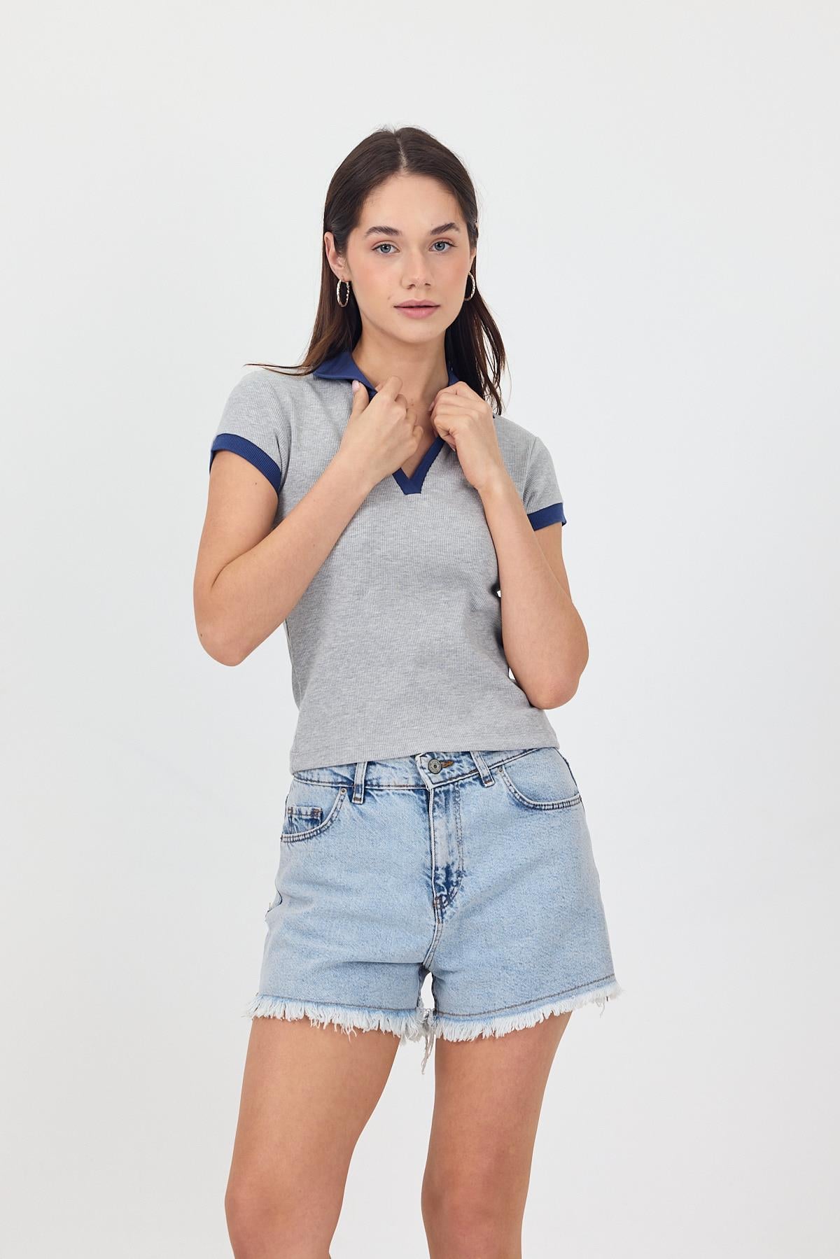 FİHA/3044-KADIN KAŞKORSE POLO YAKA TSHIRT - LT.GREY MEL
