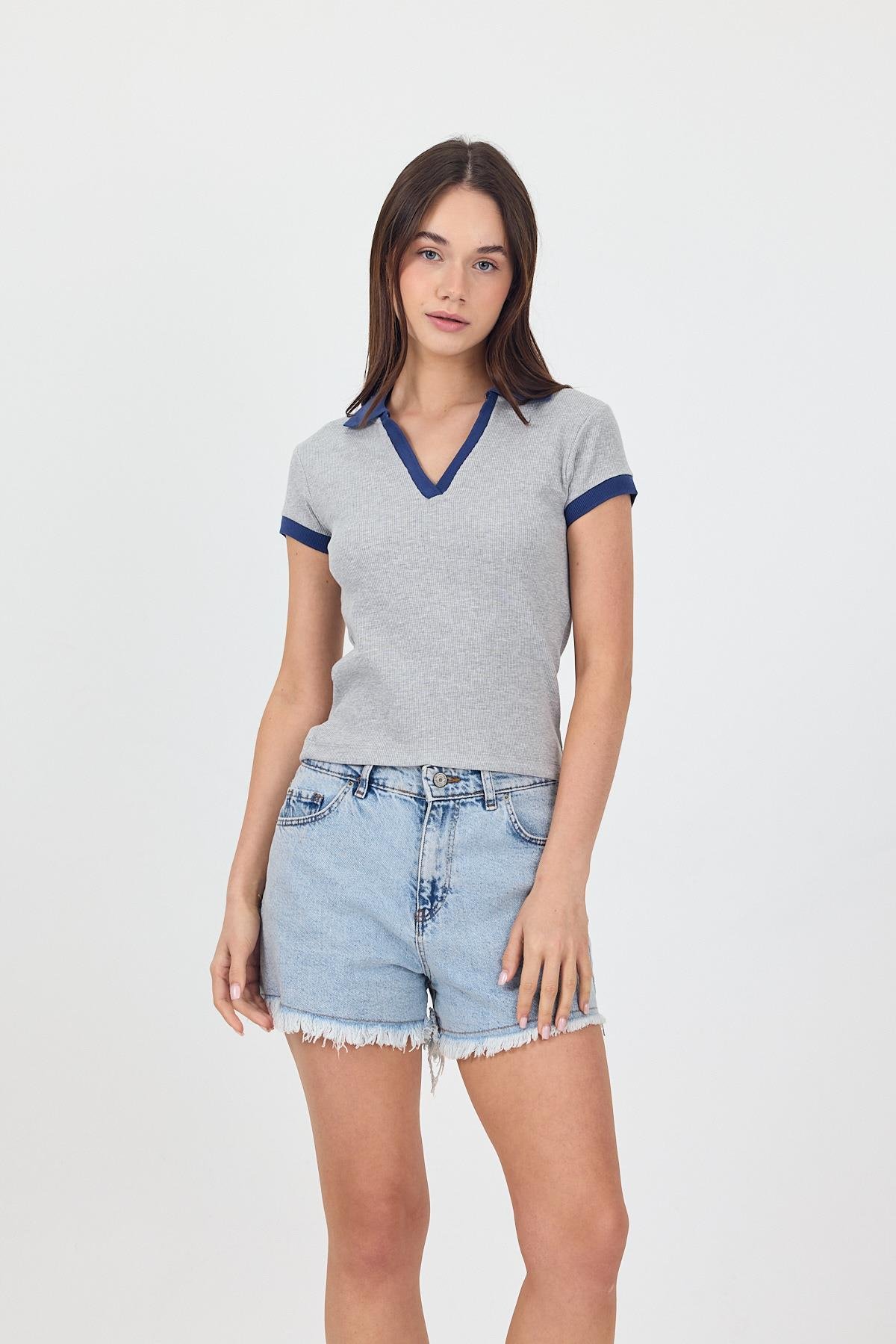 FİHA/3044-KADIN KAŞKORSE POLO YAKA TSHIRT - LT.GREY MEL