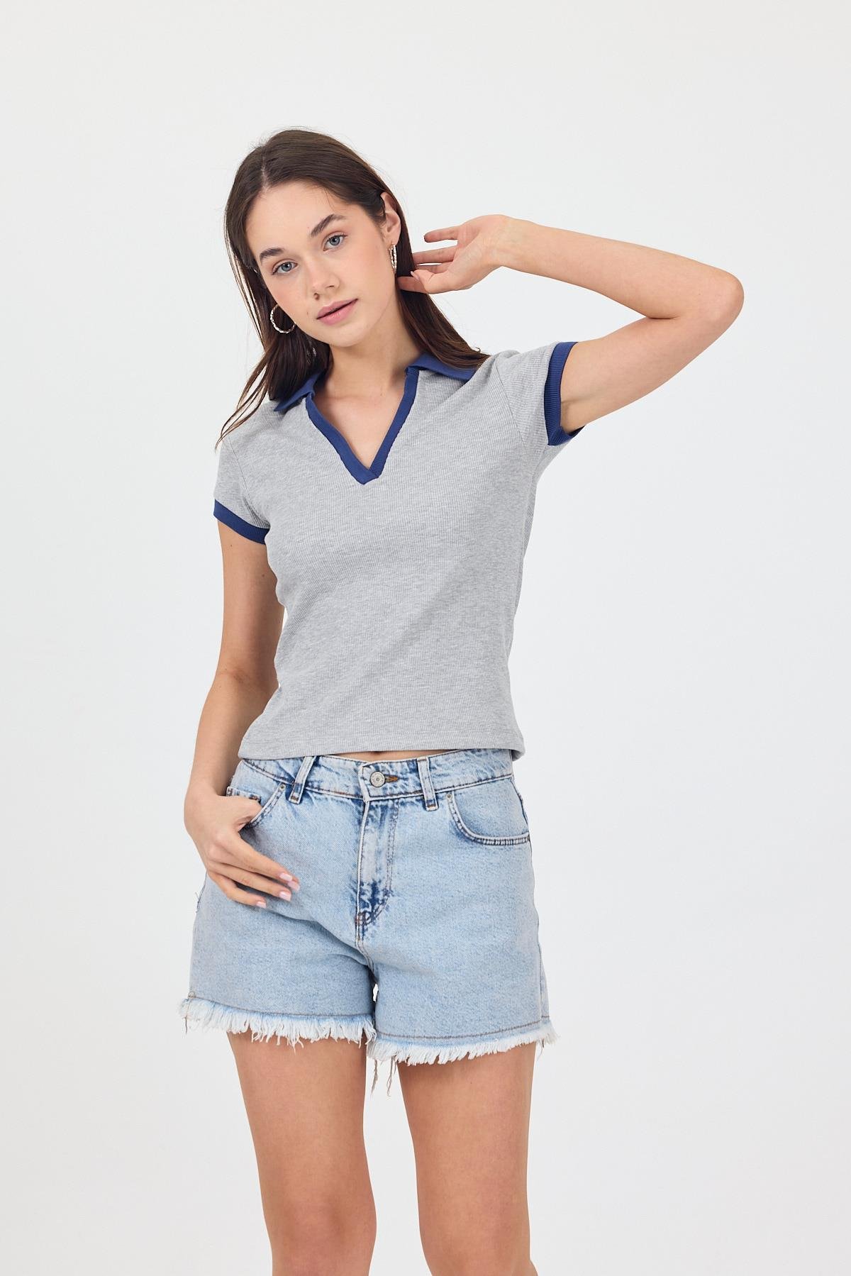 FİHA/3044-KADIN KAŞKORSE POLO YAKA TSHIRT - LT.GREY MEL