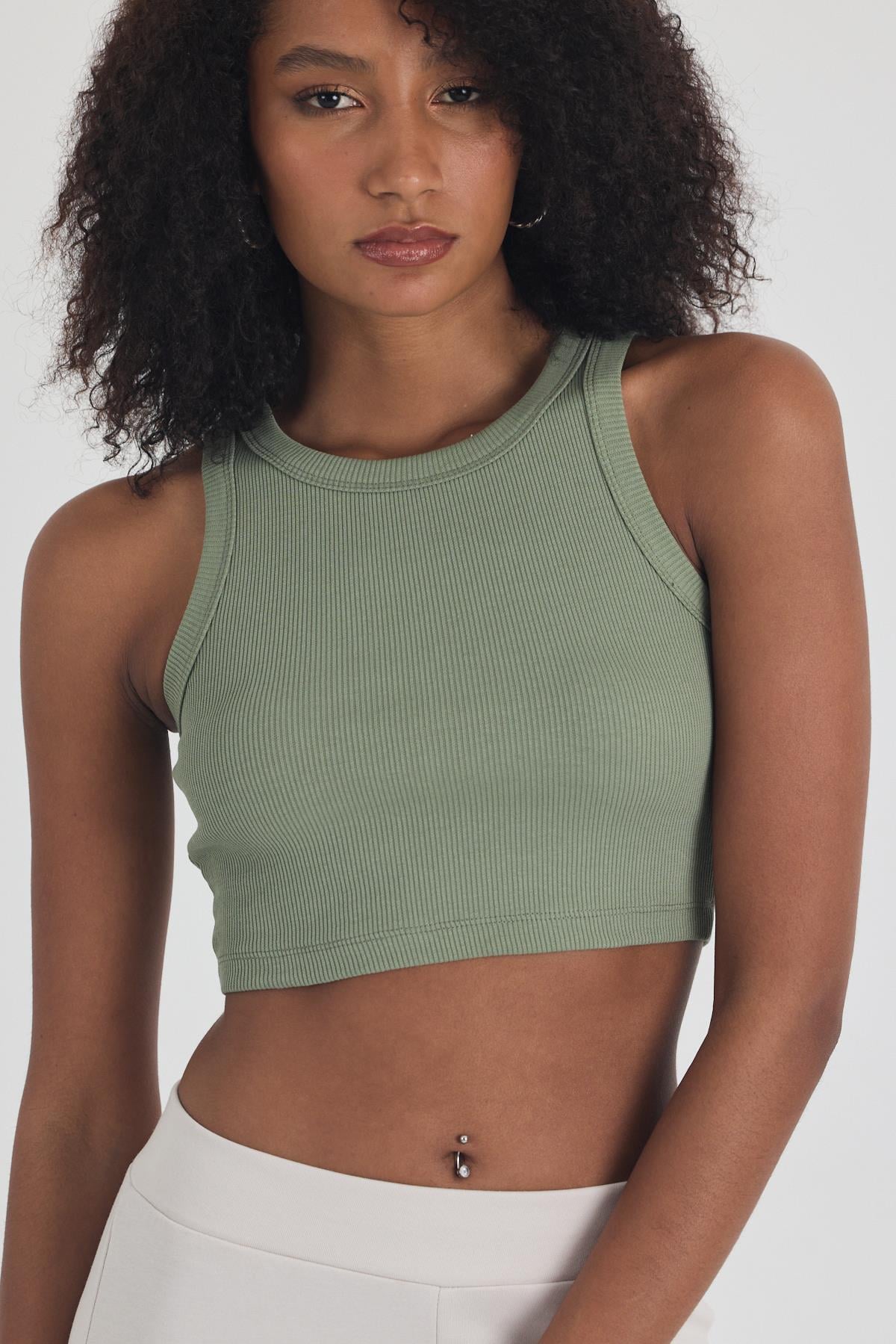 FİHA/3049-KADIN KAŞKORSE BİYELİ CROP - HAKİ