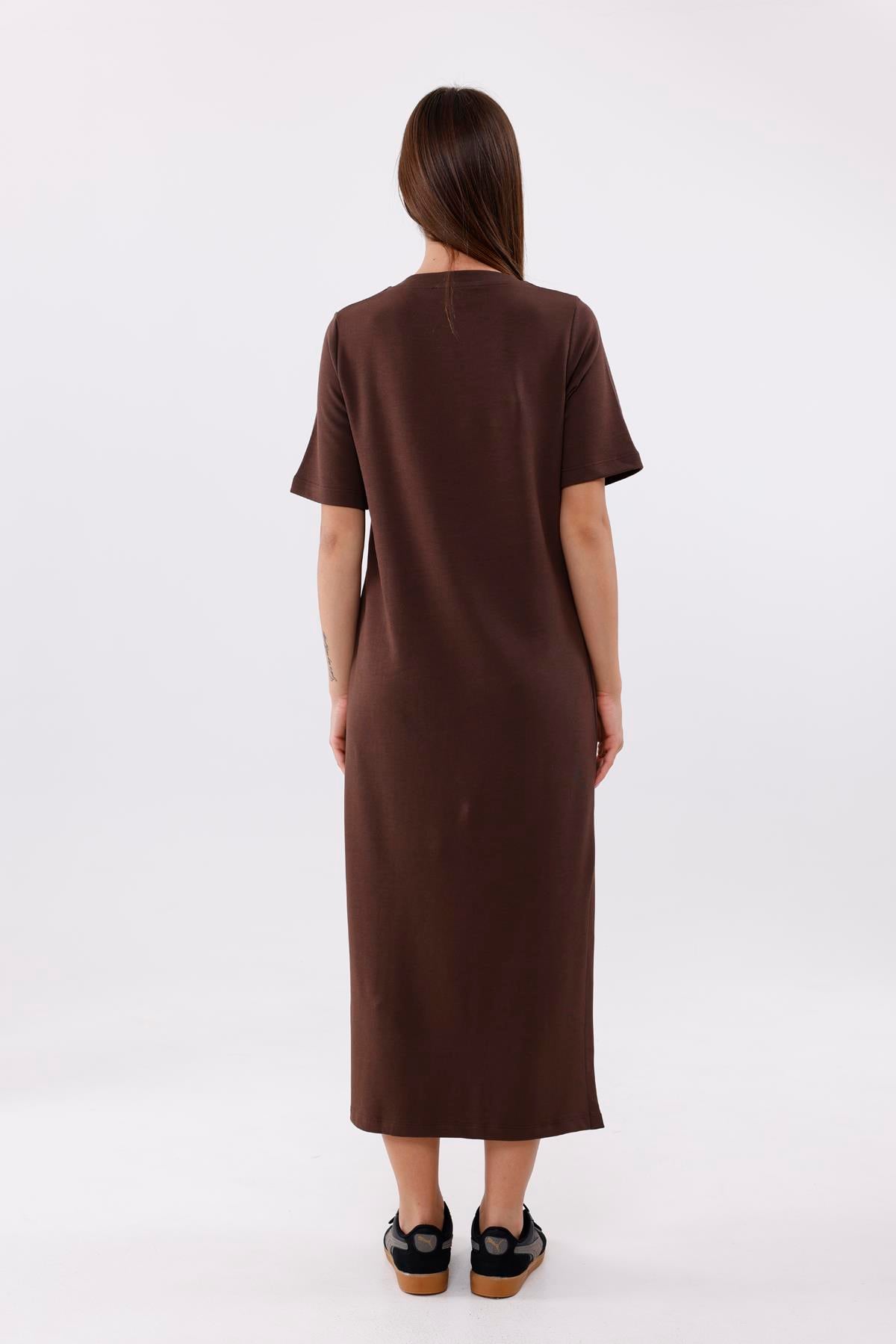 FİHA/3053-KADIN UZUN ELBİSE - CHOCOLATE BROWN