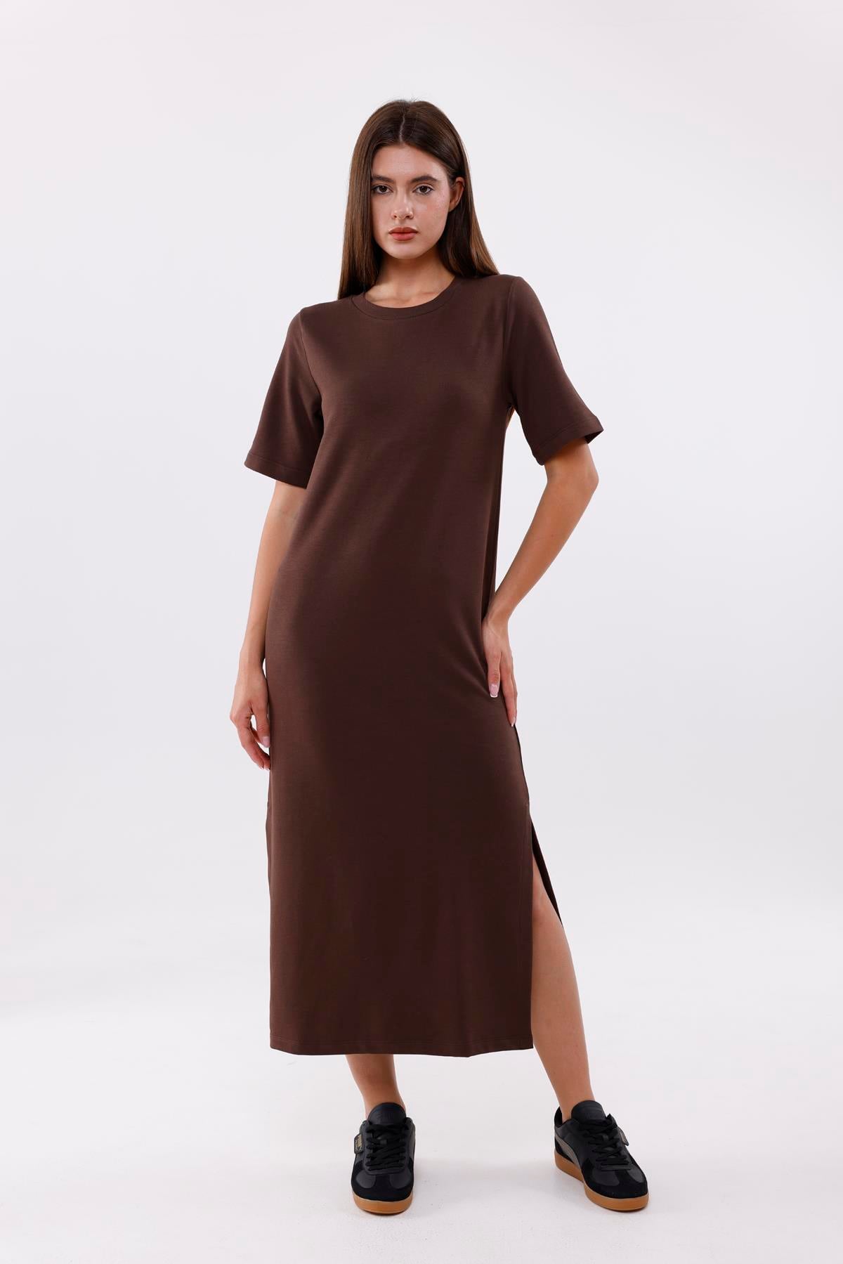 FİHA/3053-KADIN UZUN ELBİSE - CHOCOLATE BROWN