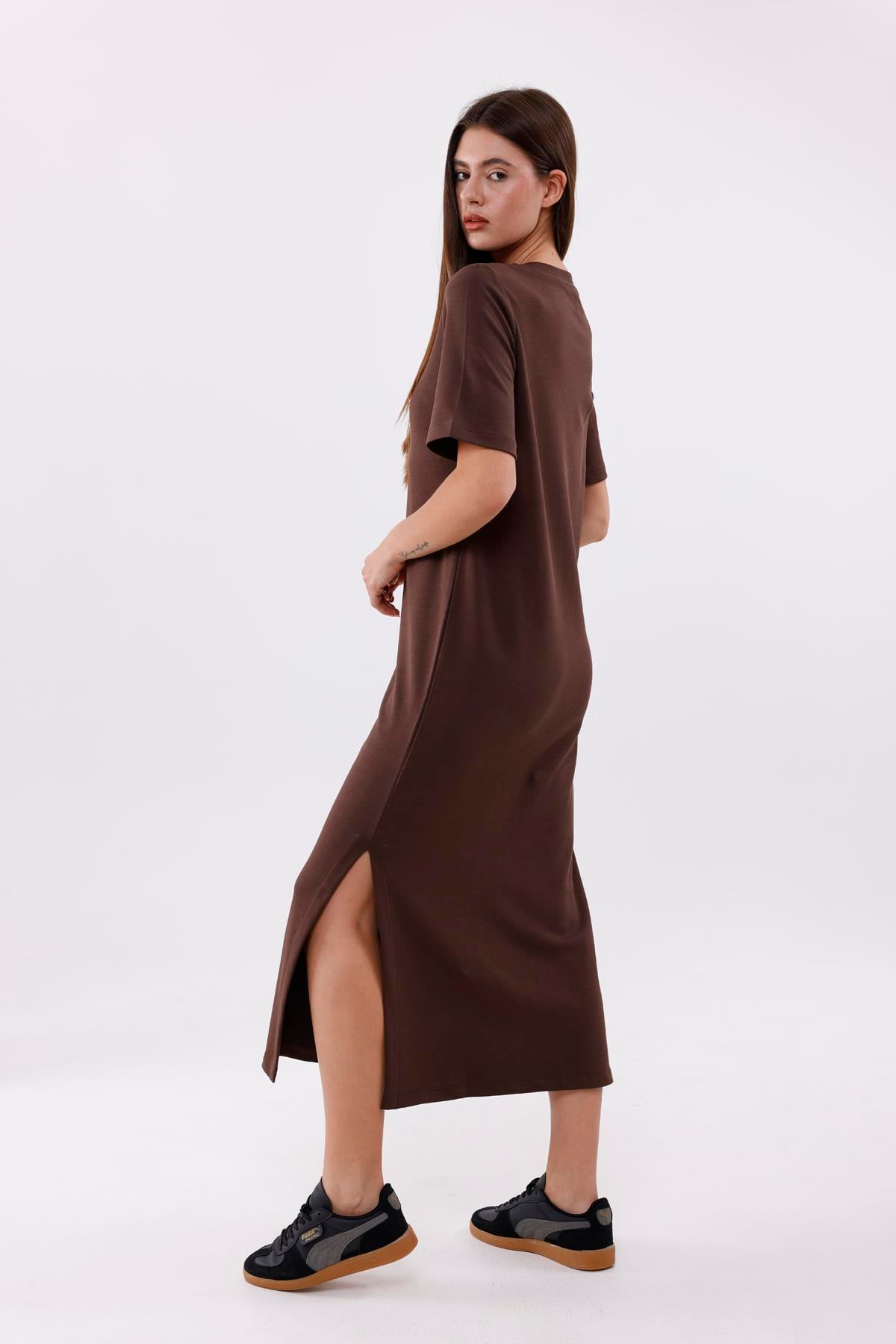 FİHA/3053-KADIN UZUN ELBİSE - CHOCOLATE BROWN