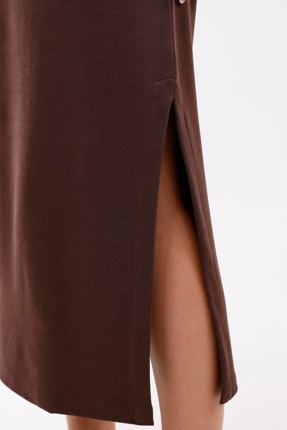 FİHA/3053-KADIN UZUN ELBİSE - CHOCOLATE BROWN