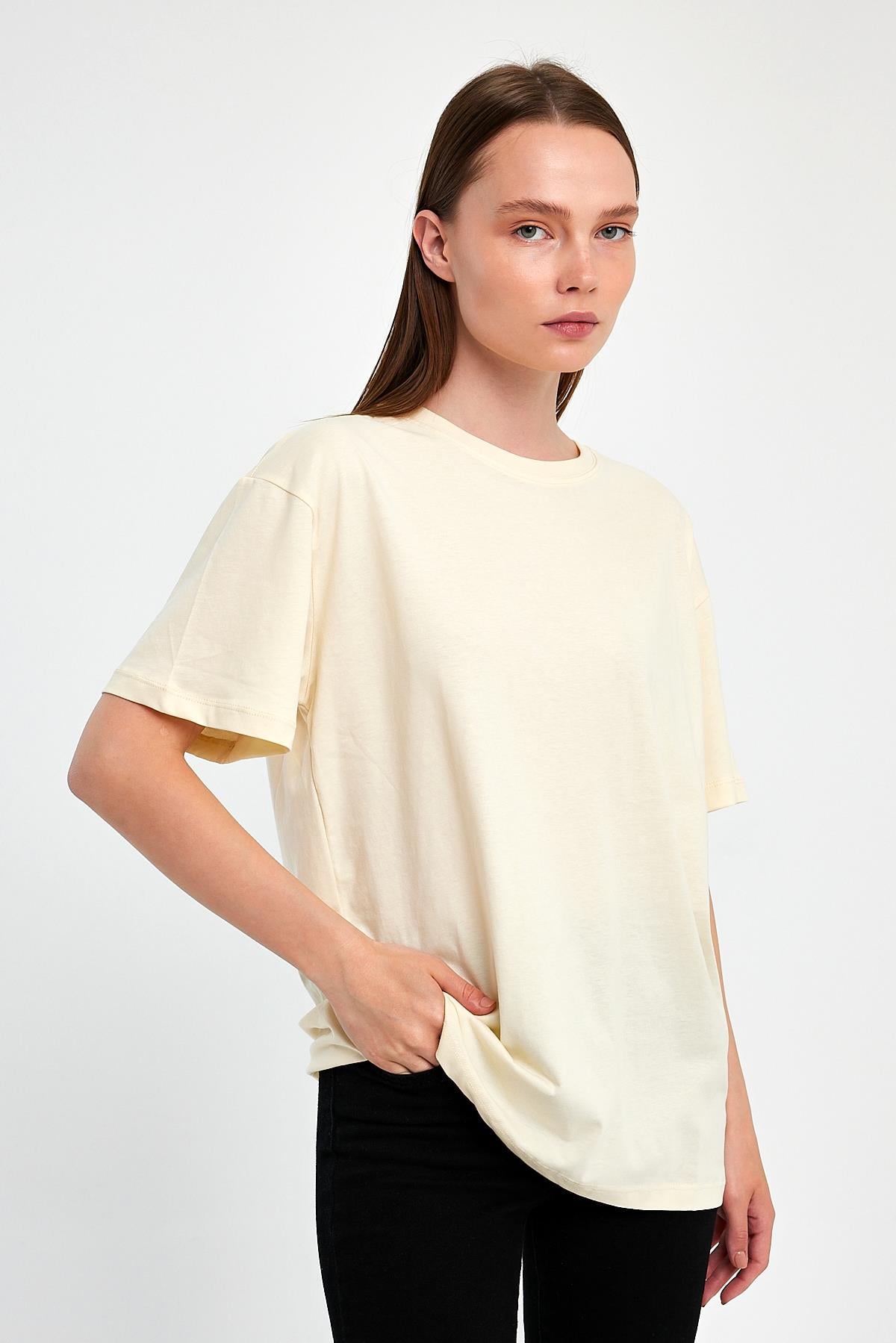 FİHA/3095-KADIN OVERSIZE T-SHIRT - EKRU