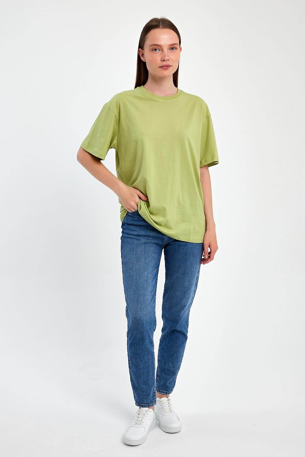 FİHA/3095-KADIN OVERSIZE T-SHIRT - FISTIK YEŞİLİ