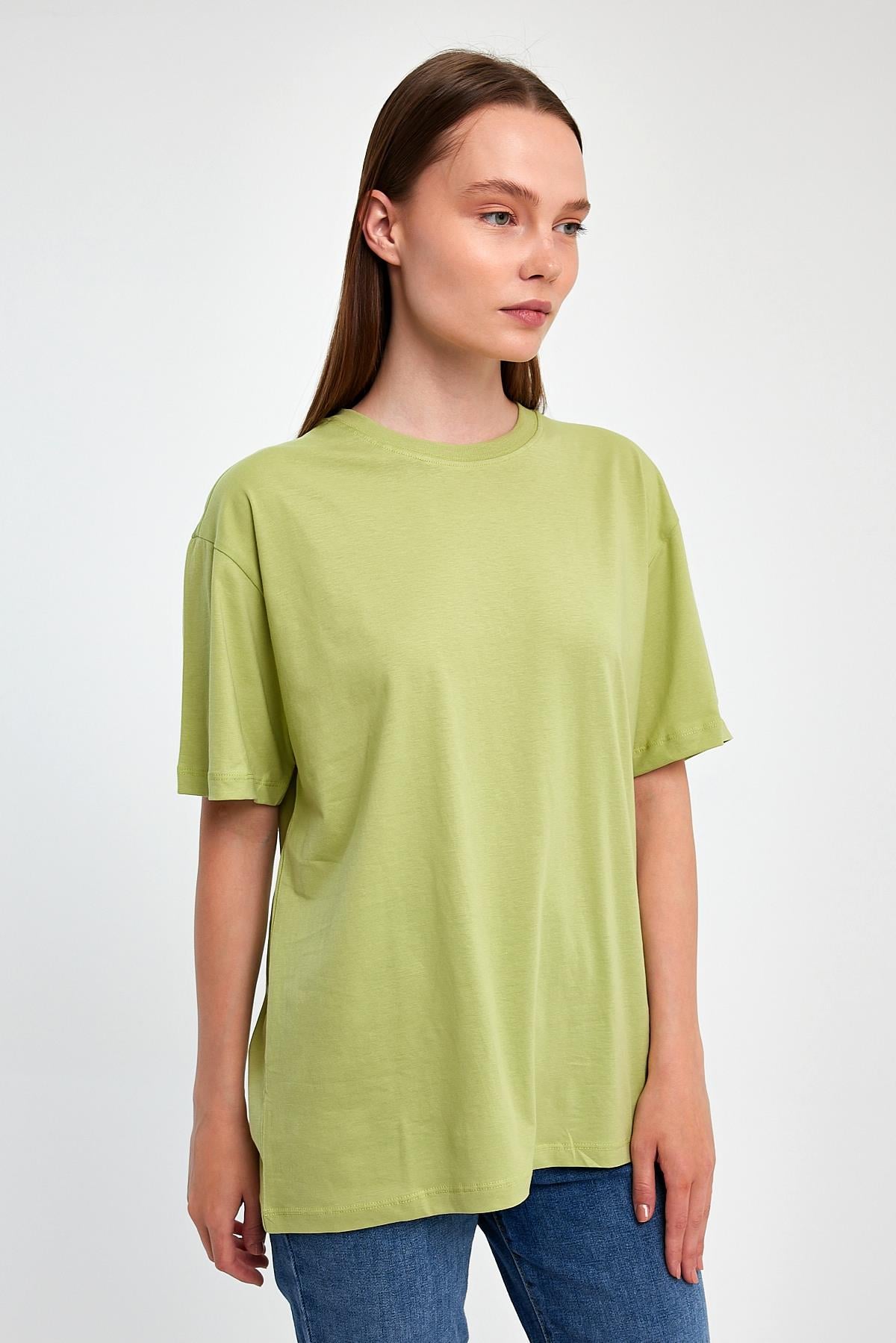FİHA/3095-KADIN OVERSIZE T-SHIRT - FISTIK YEŞİLİ