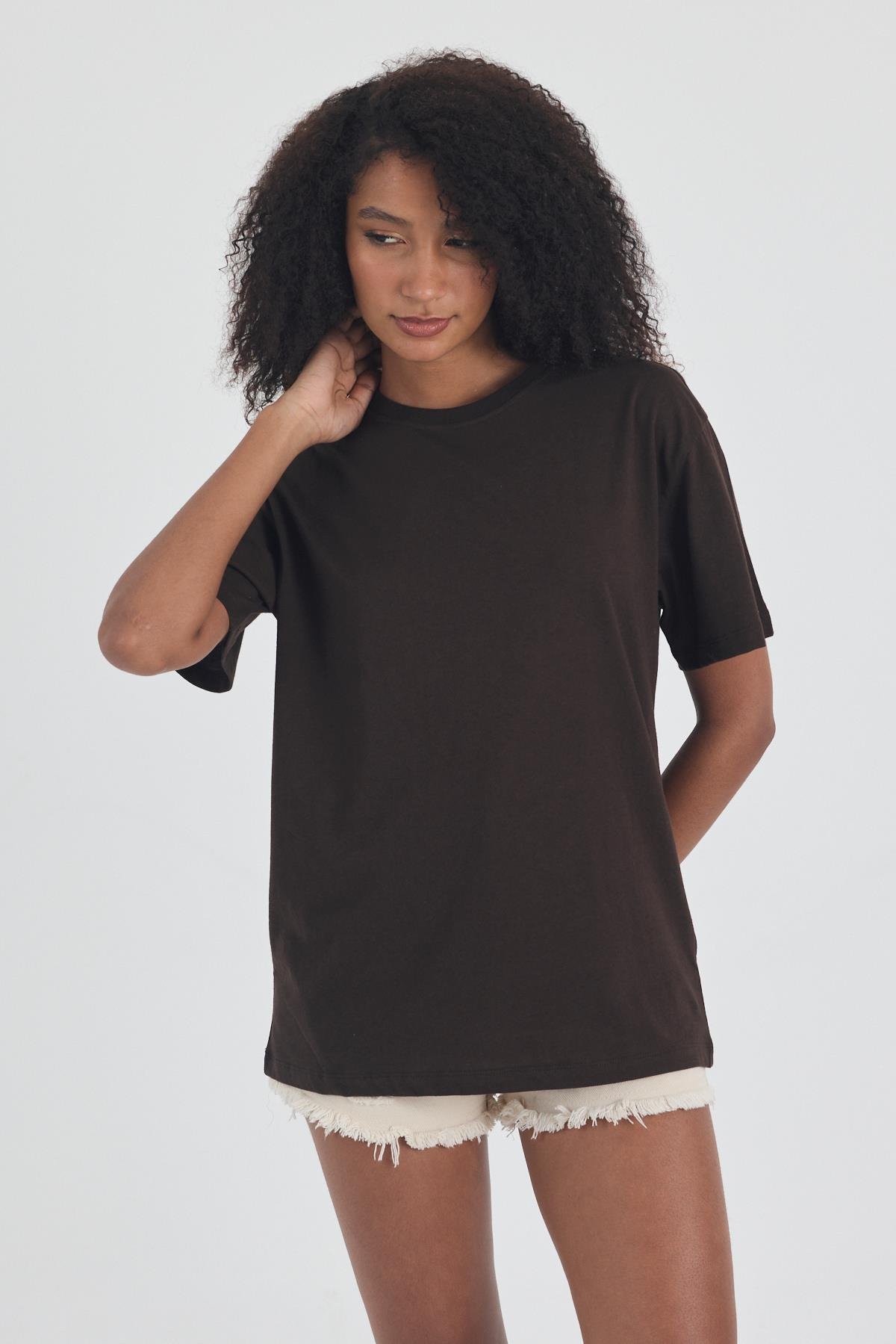 FİHA/3095-KADIN OVERSIZE T-SHIRT - KAHVE