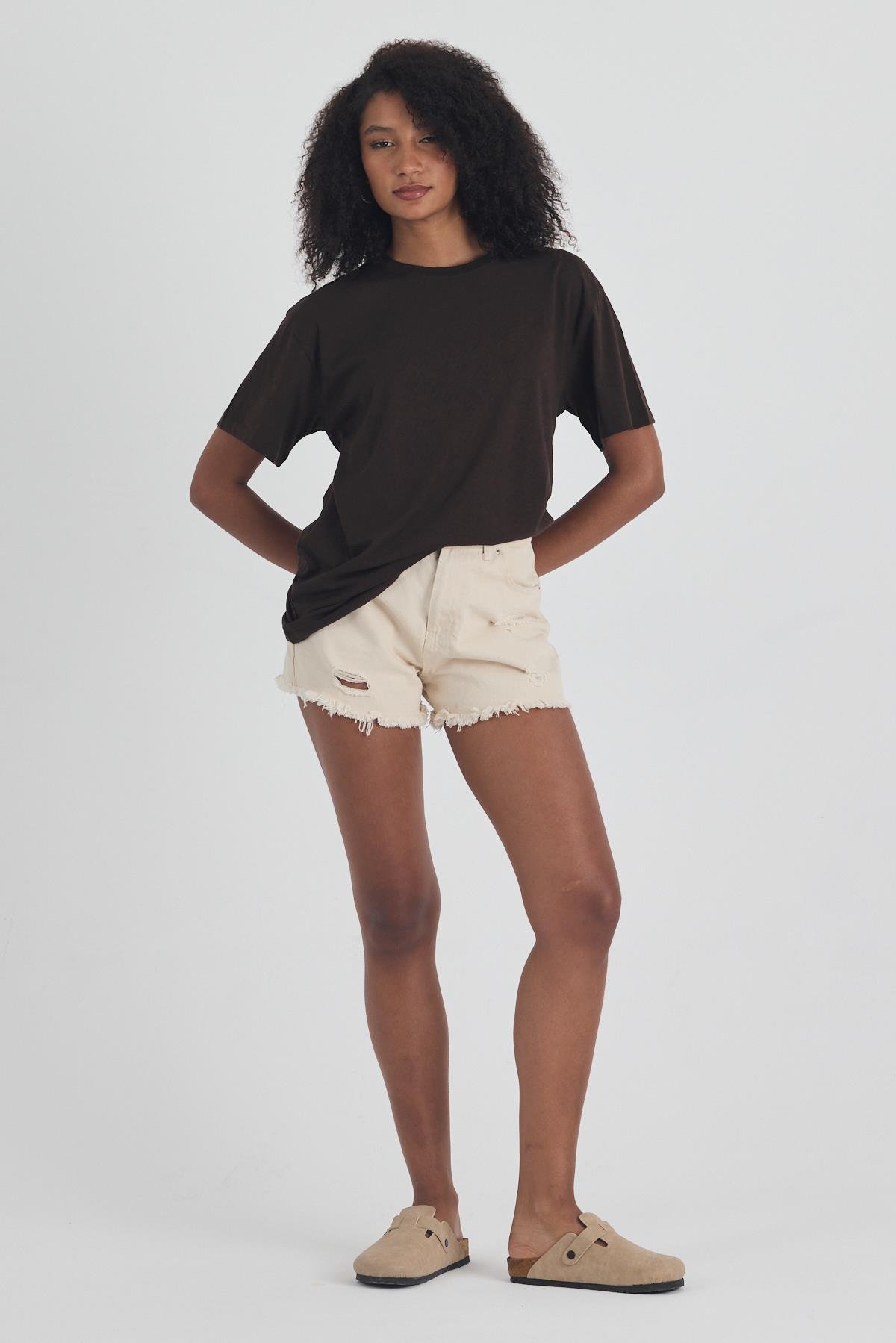 FİHA/3095-KADIN OVERSIZE T-SHIRT - KAHVE