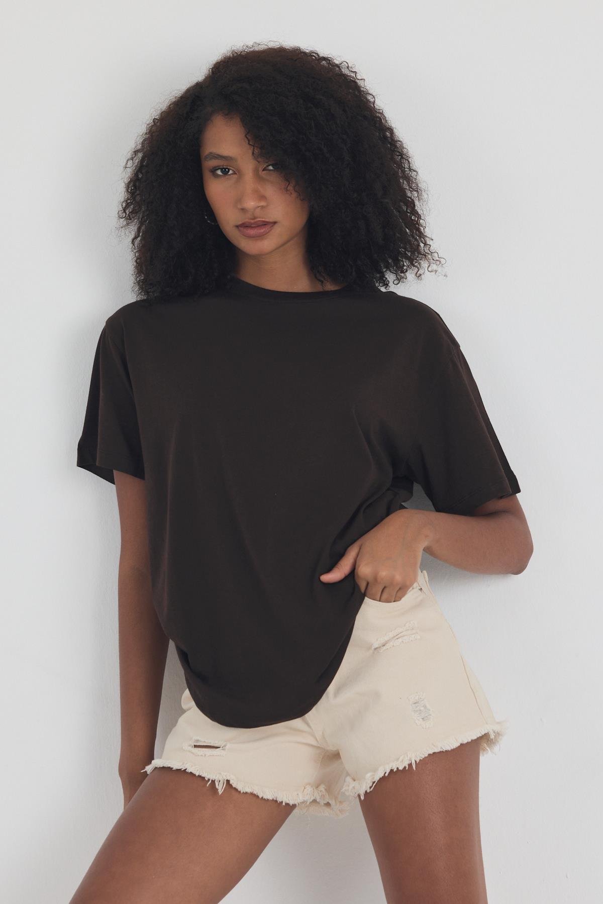 FİHA/3095-KADIN OVERSIZE T-SHIRT - KAHVE