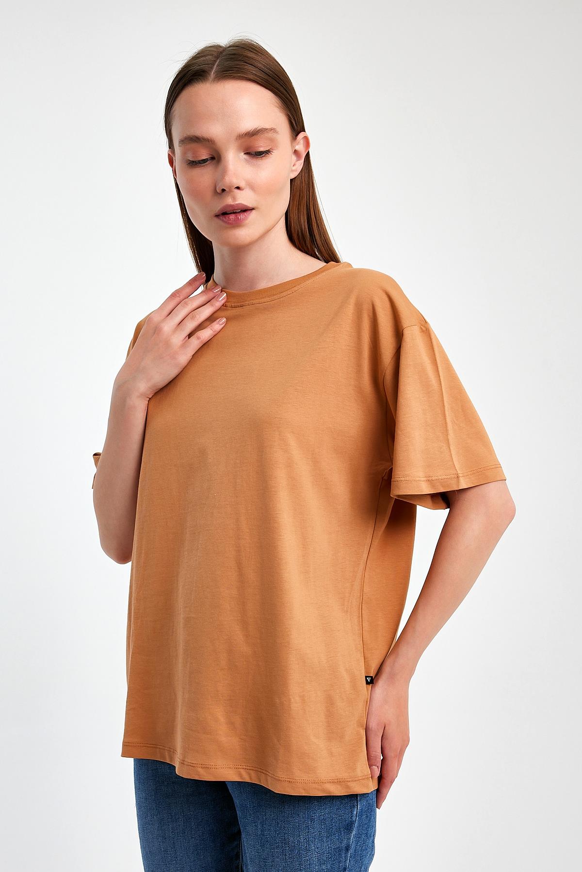 FİHA/3095-KADIN OVERSIZE T-SHIRT - MACCHİATO
