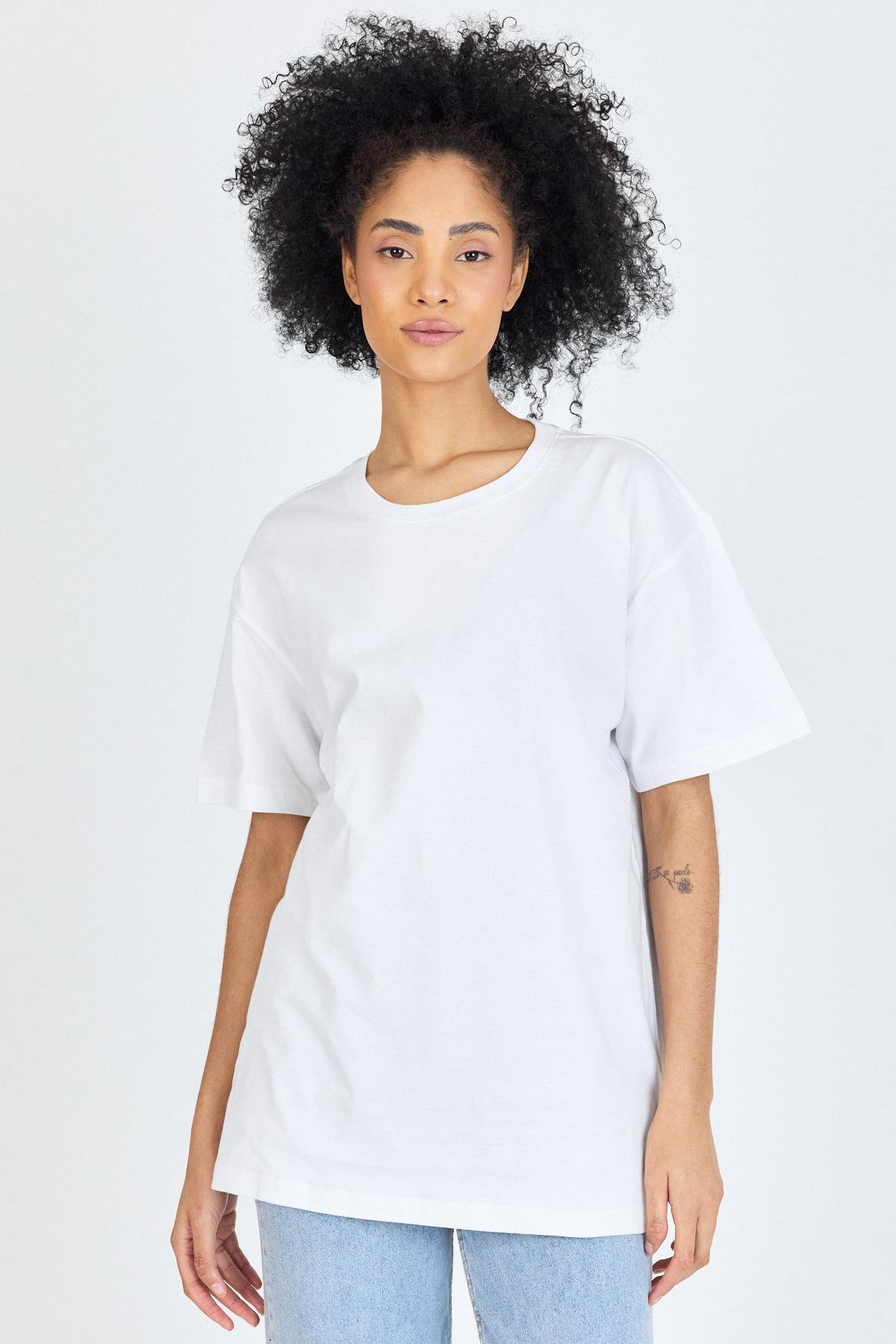 FİHA/3099-UNISEX OVERSIZE SIFIR YAKA TSHIRT - BEYAZ