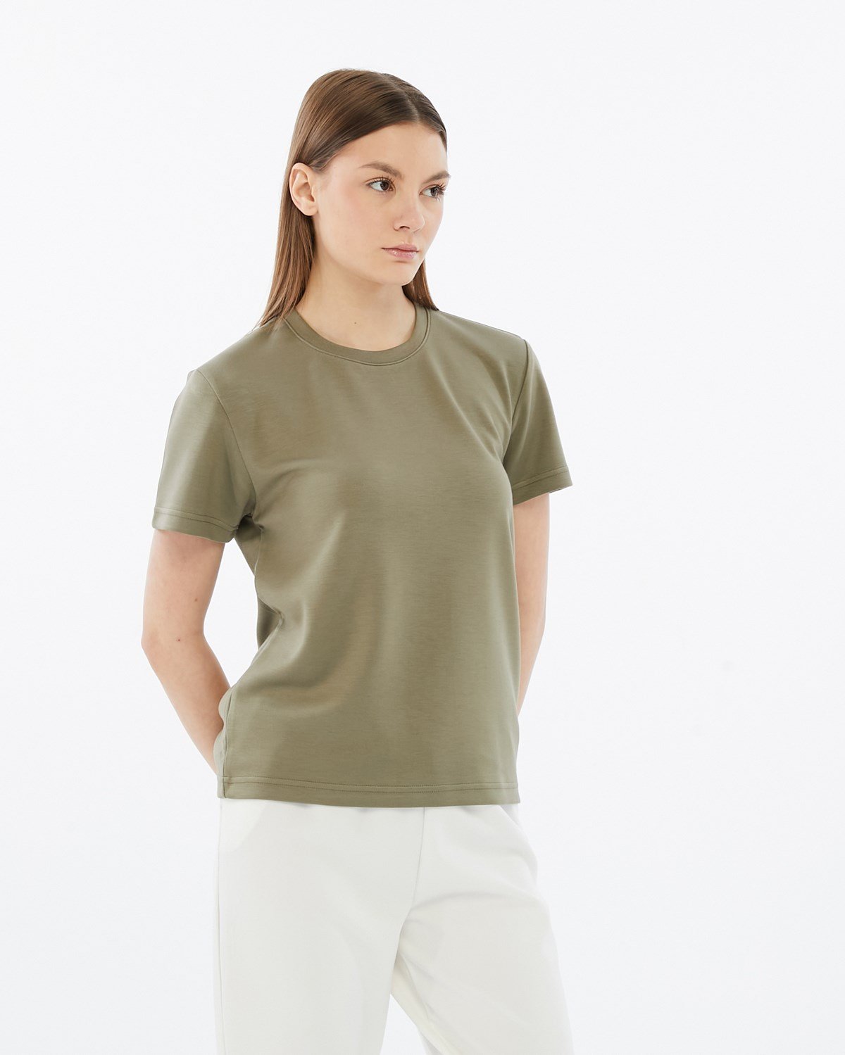 FİHA/3103-KADIN VİSKON LİKRALI DOUBLEFACE SIFIR YAKA TSHIRT - YEŞİL