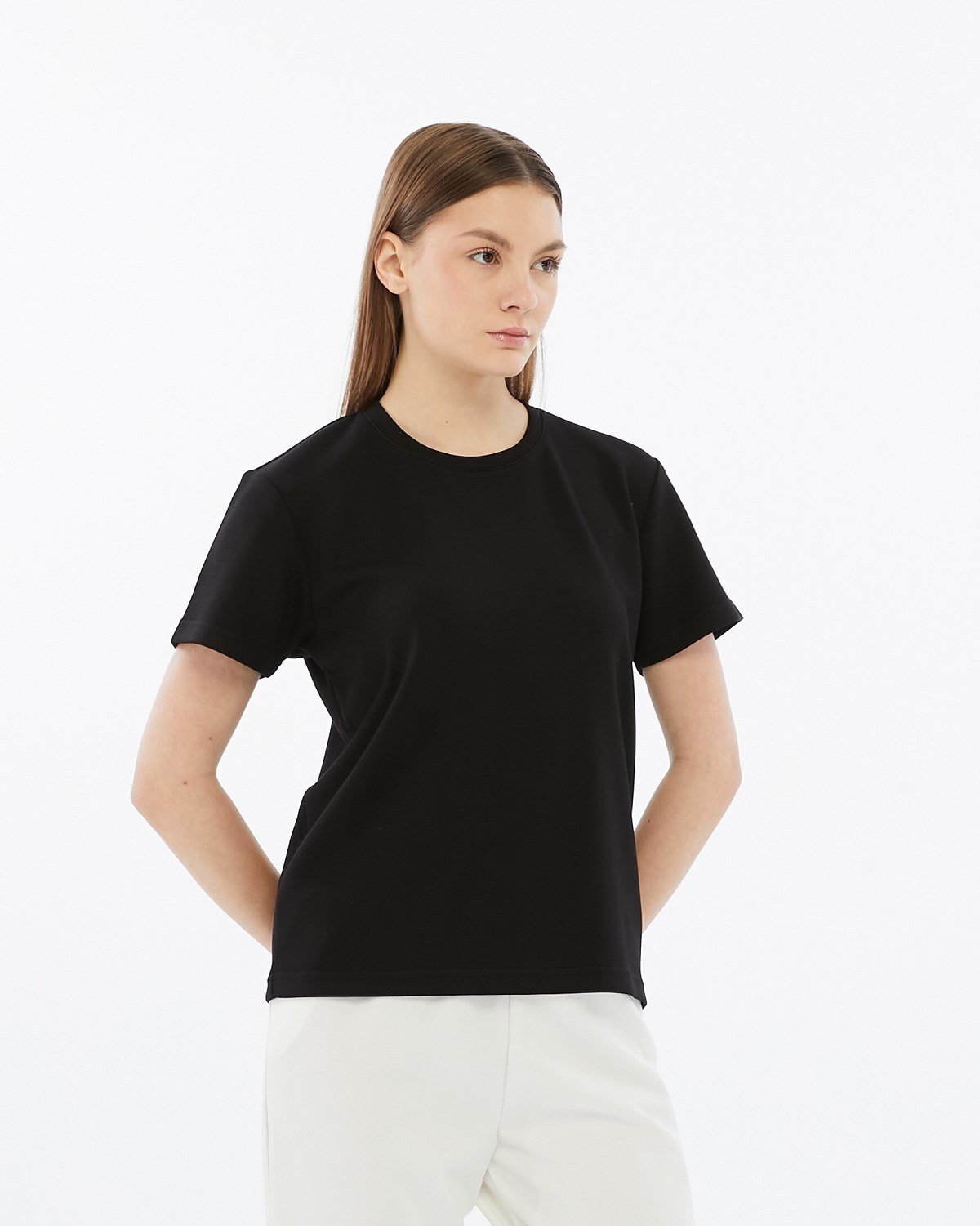FİHA/3103-KADIN VİSKON LİKRALI DOUBLEFACE SIFIR YAKA TSHIRT - SİYAH