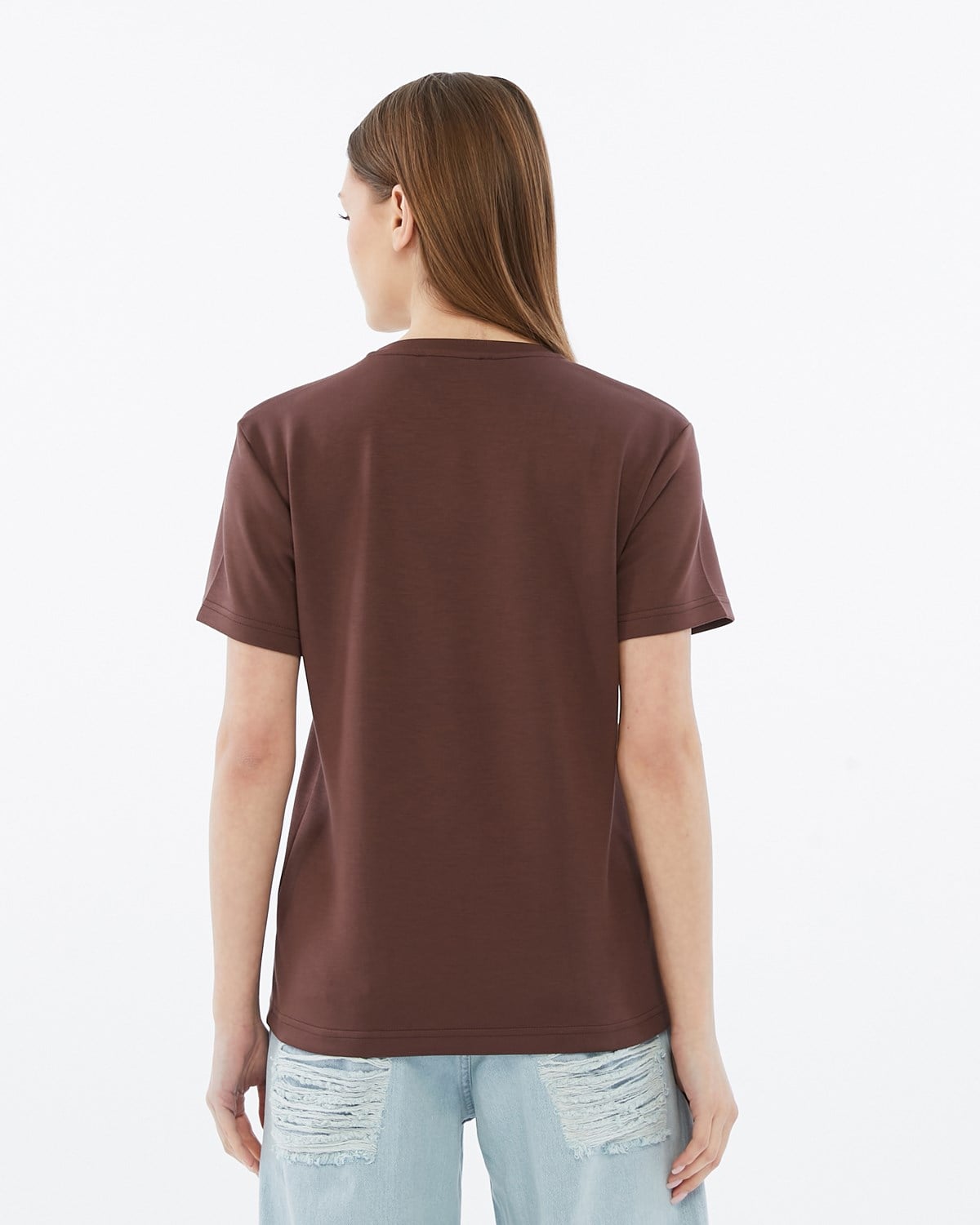 FİHA/3103-KADIN VİSKON LİKRALI DOUBLEFACE SIFIR YAKA TSHIRT - KAHVE