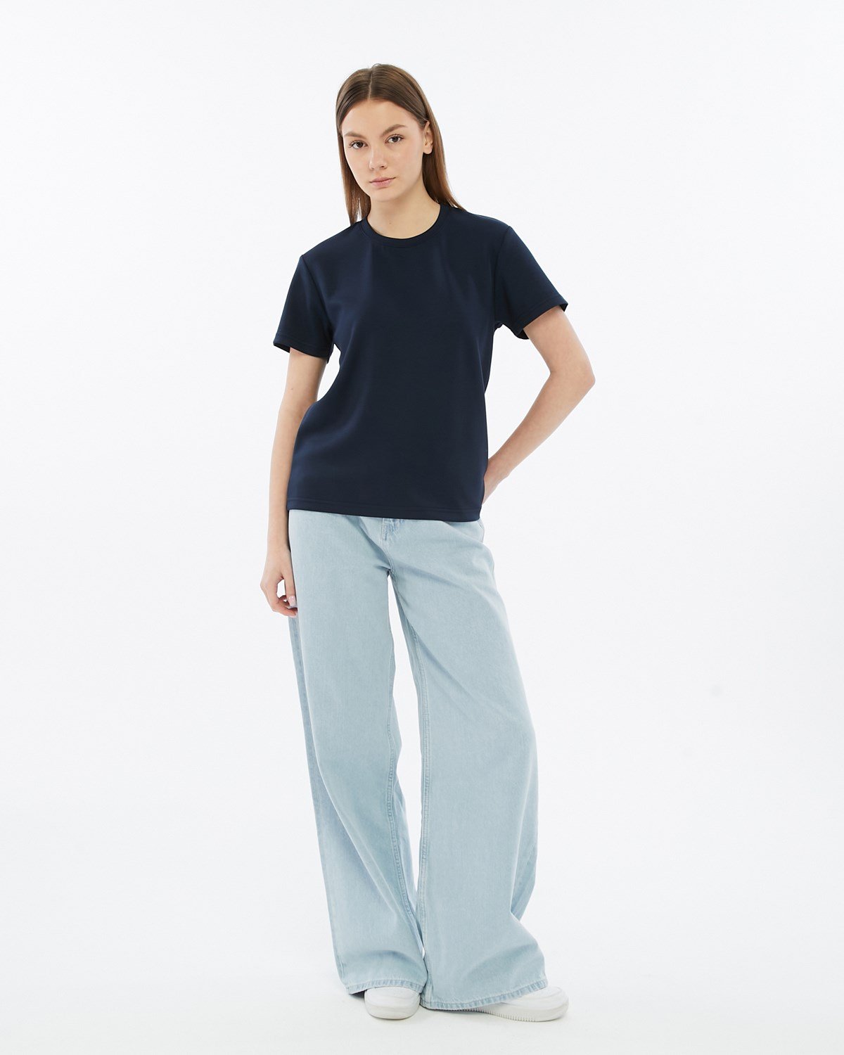 FİHA/3103-KADIN VİSKON LİKRALI DOUBLEFACE SIFIR YAKA TSHIRT - LACİVERT