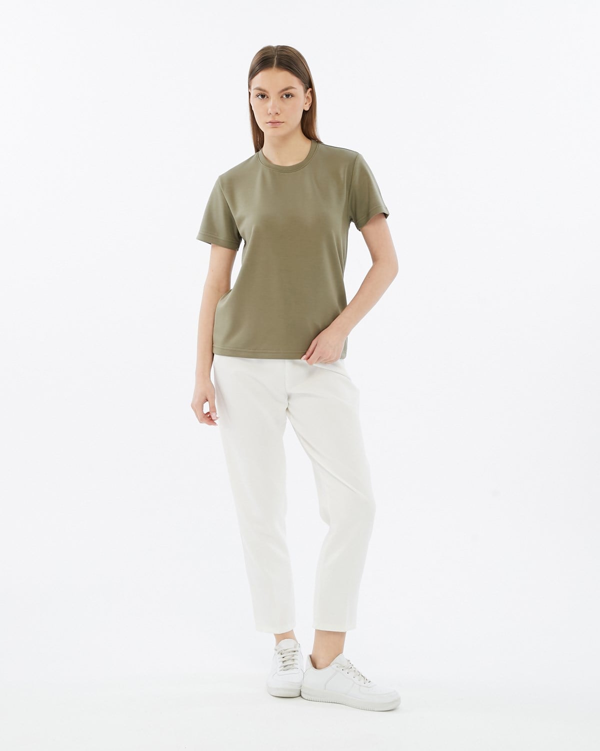 FİHA/3103-KADIN VİSKON LİKRALI DOUBLEFACE SIFIR YAKA TSHIRT - YEŞİL