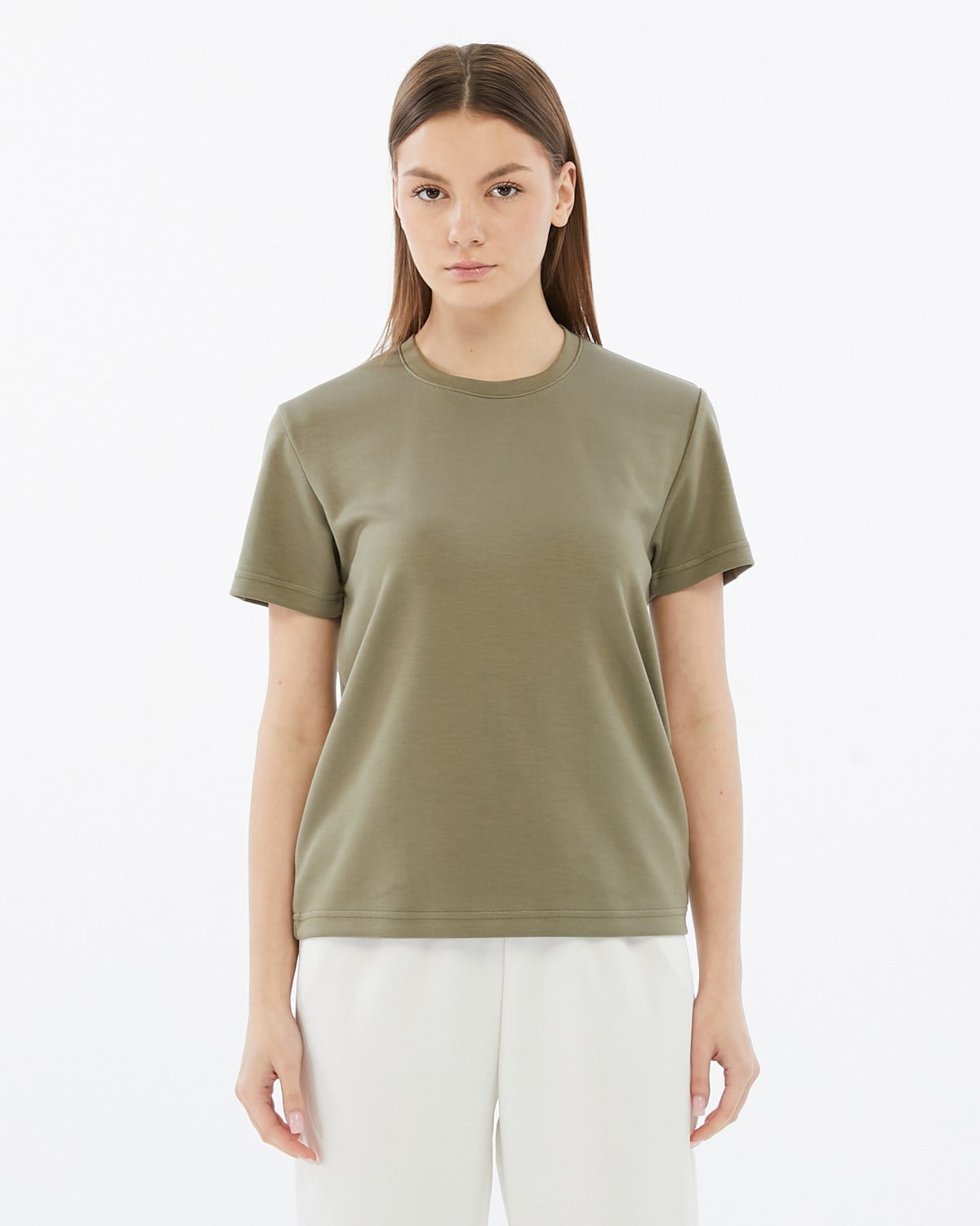 FİHA/3103-KADIN VİSKON LİKRALI DOUBLEFACE SIFIR YAKA TSHIRT - YEŞİL