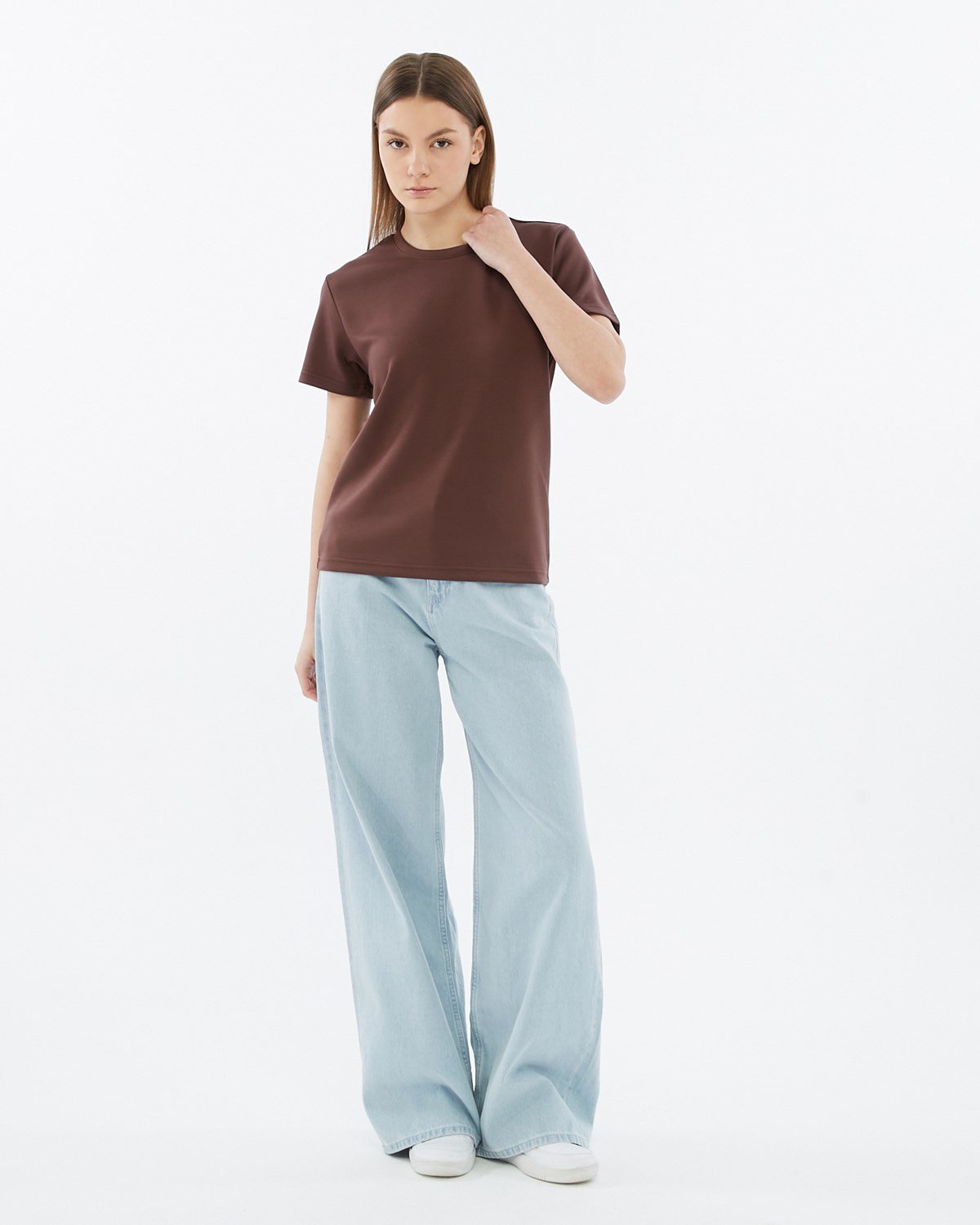 FİHA/3103-KADIN VİSKON LİKRALI DOUBLEFACE SIFIR YAKA TSHIRT - KAHVE