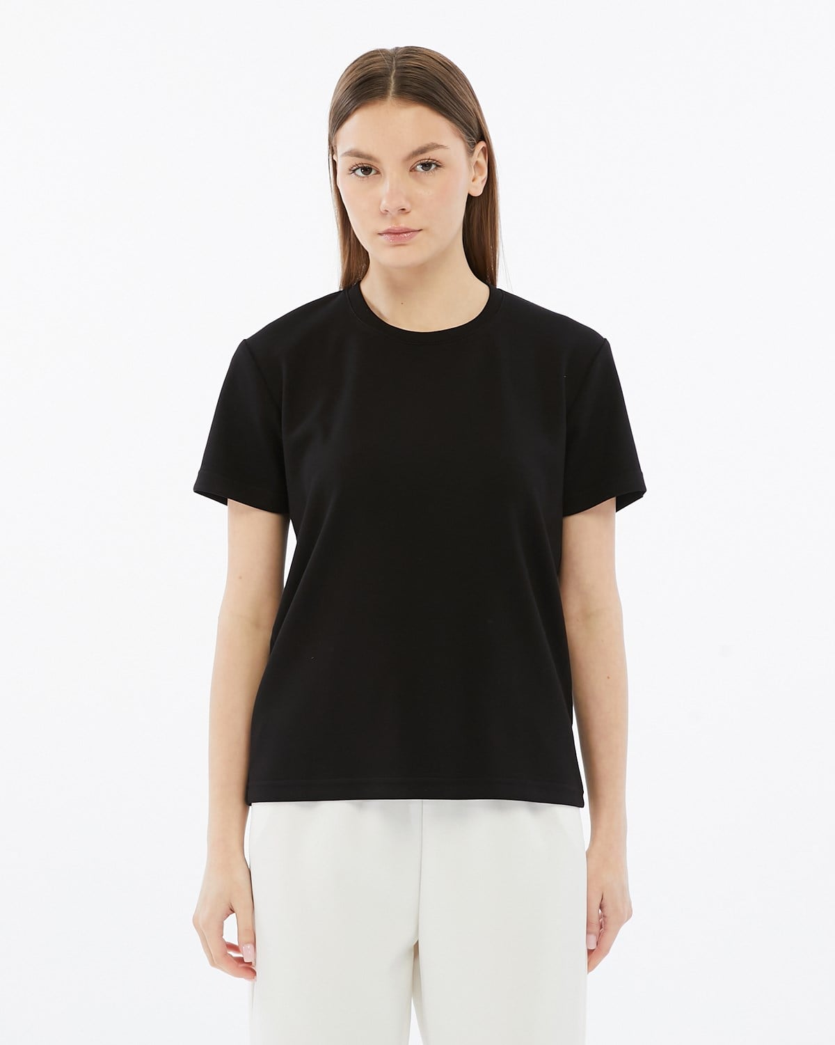 FİHA/3103-KADIN VİSKON LİKRALI DOUBLEFACE SIFIR YAKA TSHIRT - SİYAH