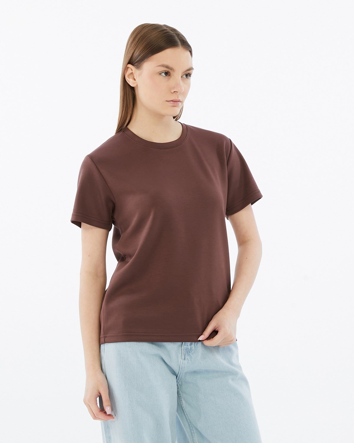 FİHA/3103-KADIN VİSKON LİKRALI DOUBLEFACE SIFIR YAKA TSHIRT - KAHVE