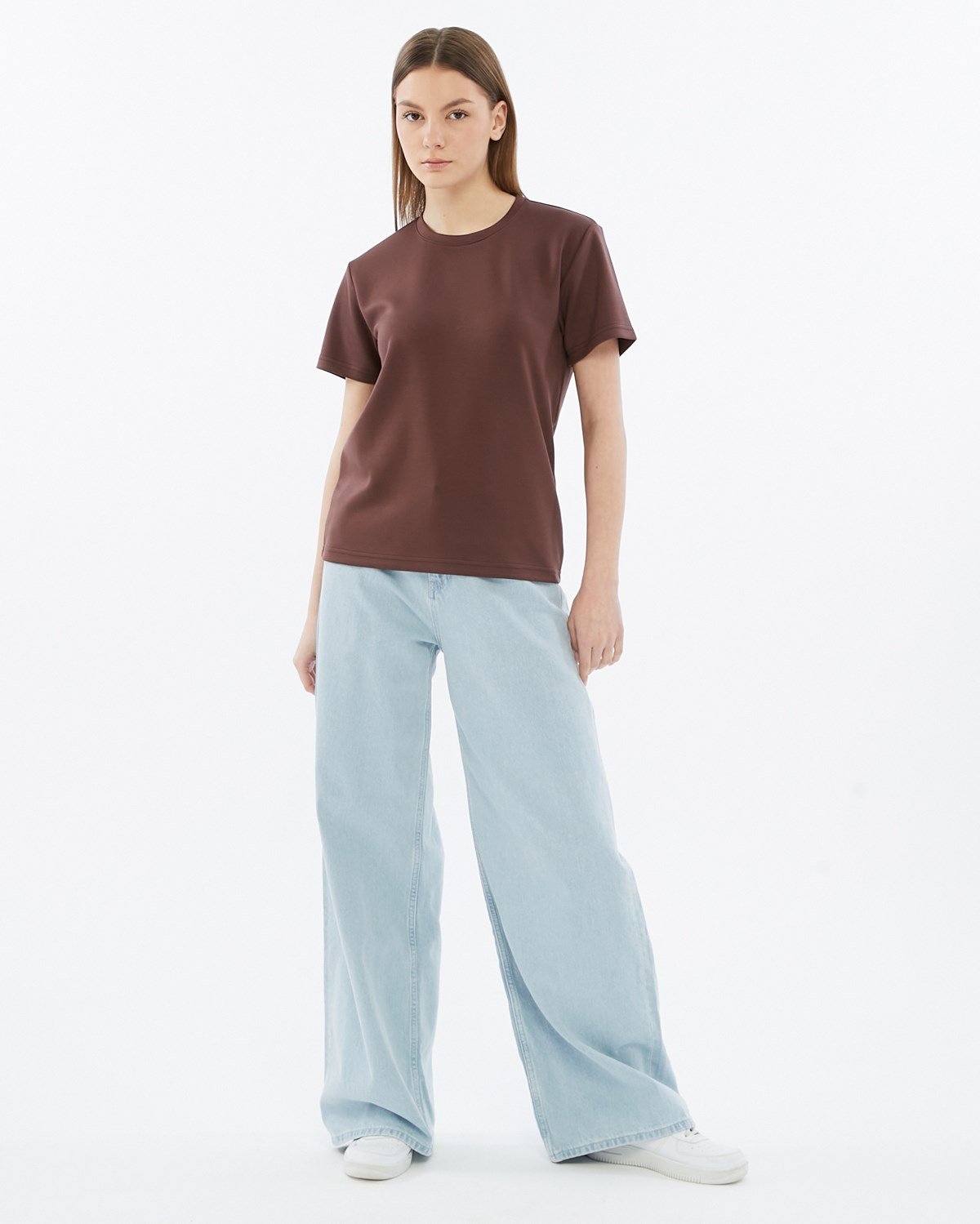 FİHA/3103-KADIN VİSKON LİKRALI DOUBLEFACE SIFIR YAKA TSHIRT - KAHVE