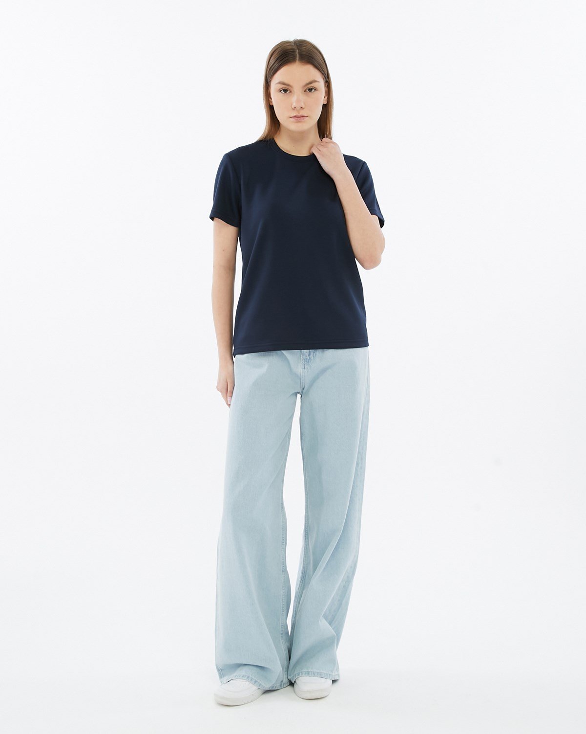 FİHA/3103-KADIN VİSKON LİKRALI DOUBLEFACE SIFIR YAKA TSHIRT - LACİVERT