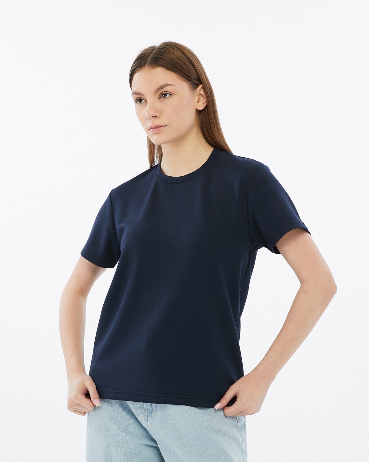 FİHA/3103-KADIN VİSKON LİKRALI DOUBLEFACE SIFIR YAKA TSHIRT - LACİVERT