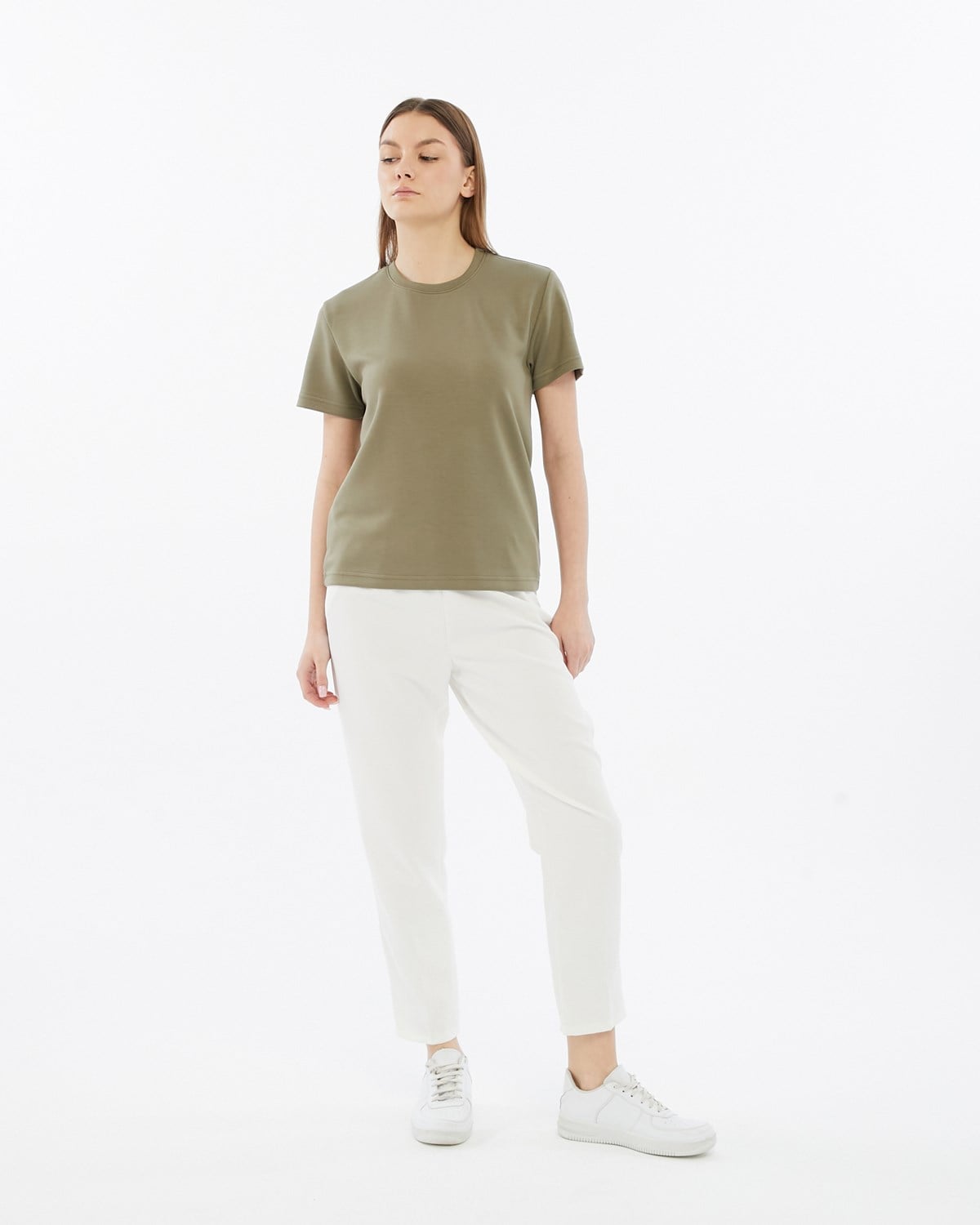 FİHA/3103-KADIN VİSKON LİKRALI DOUBLEFACE SIFIR YAKA TSHIRT - YEŞİL