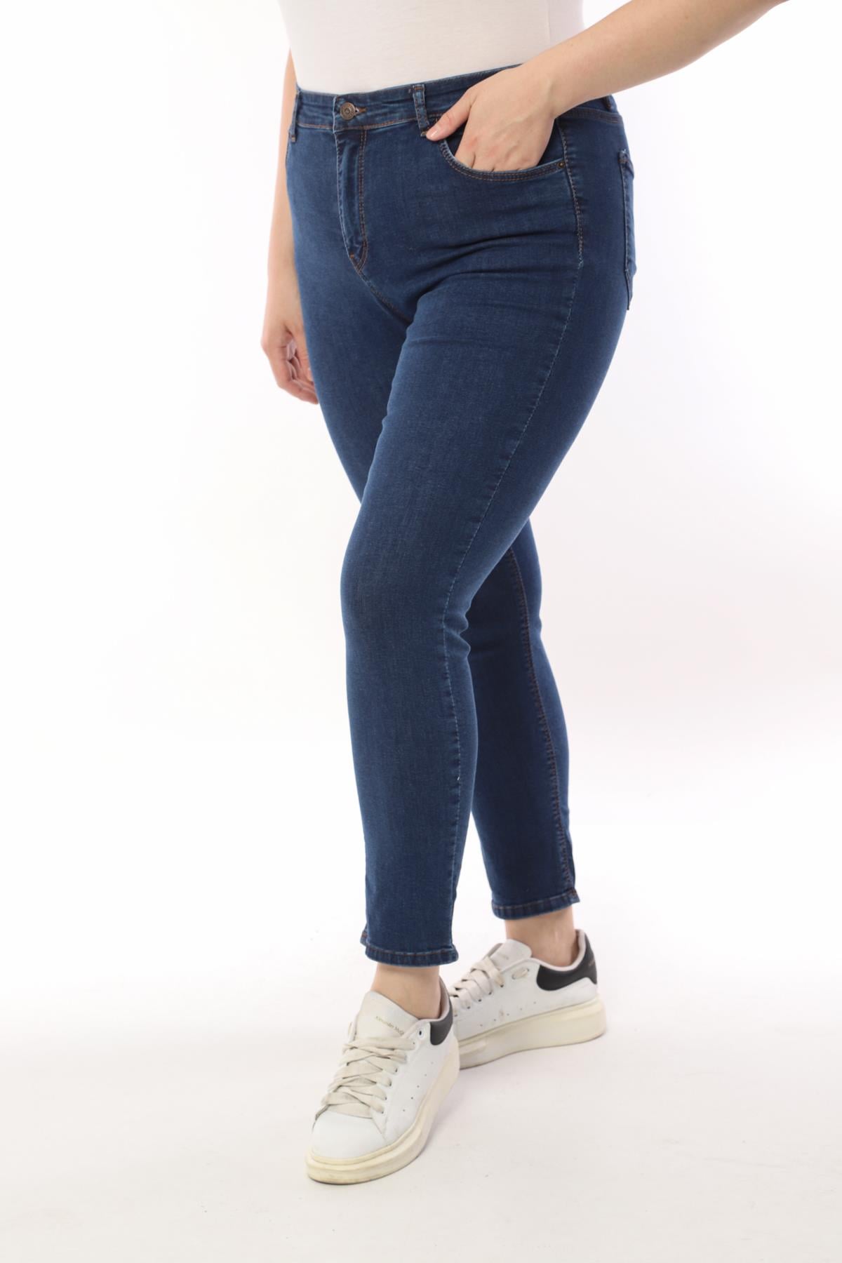 FİHA/4023-KADIN BATTAL DÜZ JEANS - KOYU MAVİ