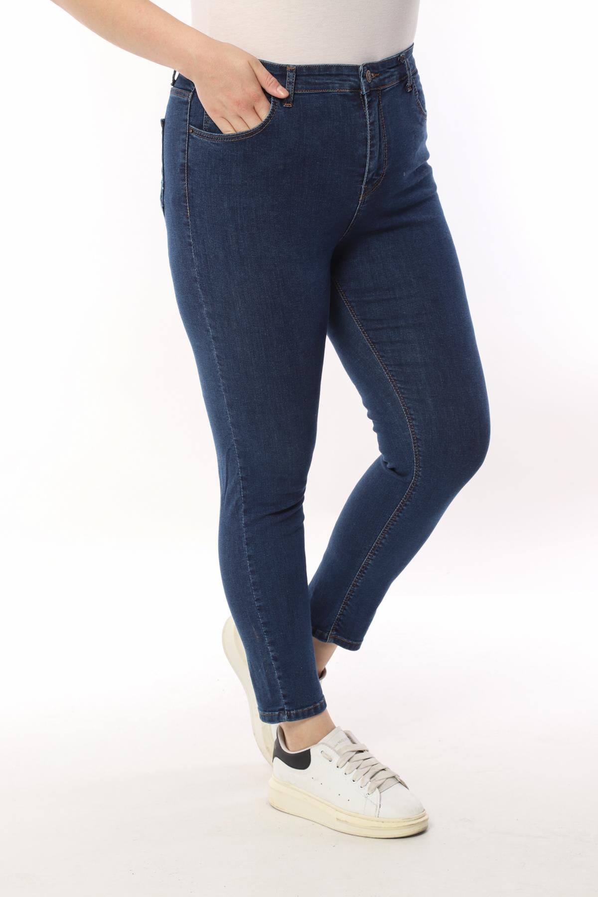 FİHA/4023-KADIN BATTAL DÜZ JEANS - KOYU MAVİ