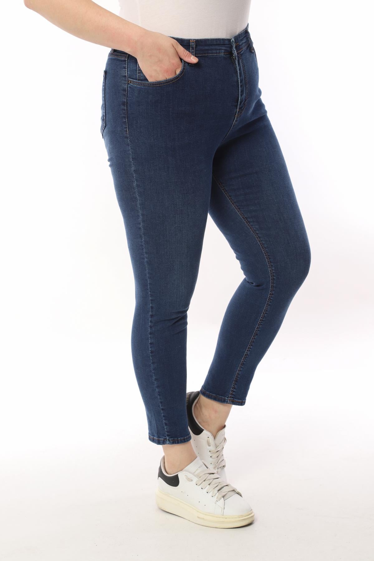 FİHA/4026-KADIN BATTAL TAŞLAMALI JEANS - KOYU MAVİ