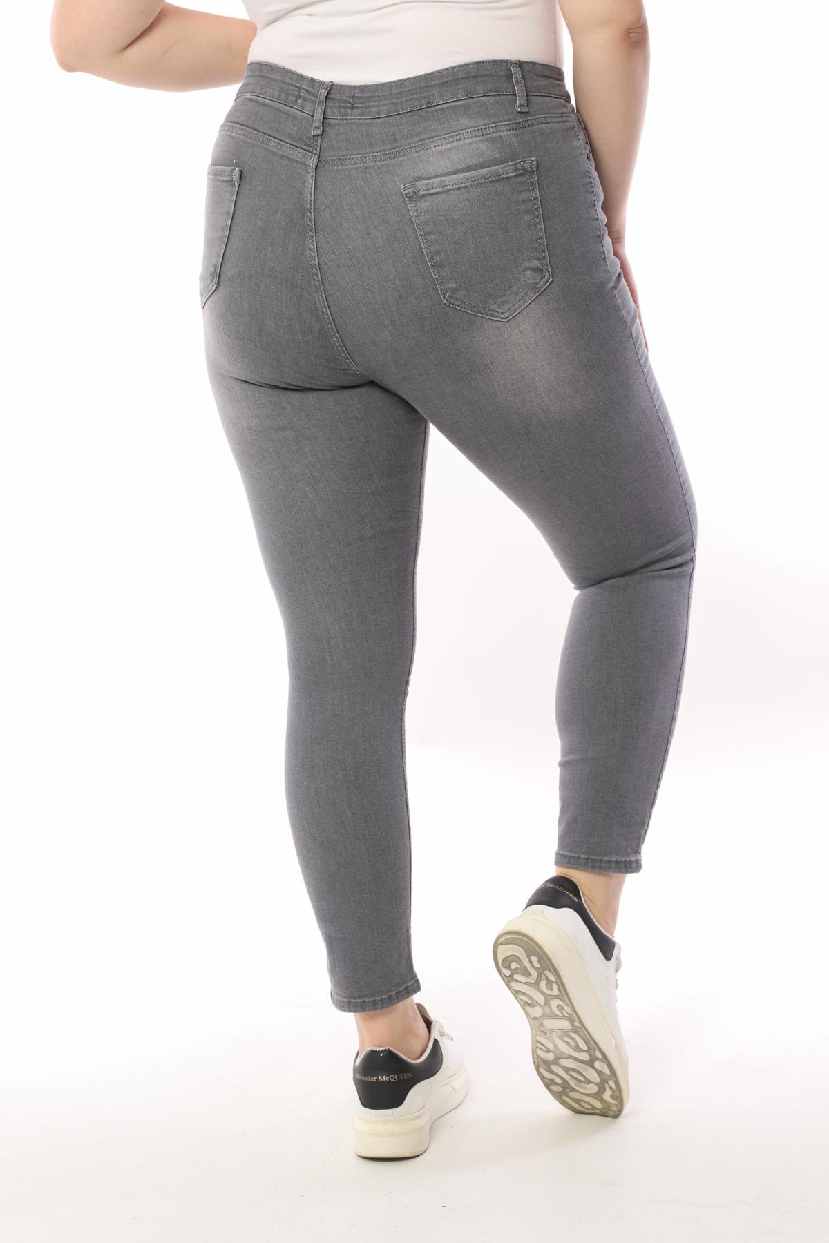 FİHA/4026-KADIN BATTAL TAŞLAMALI JEANS - GRİ