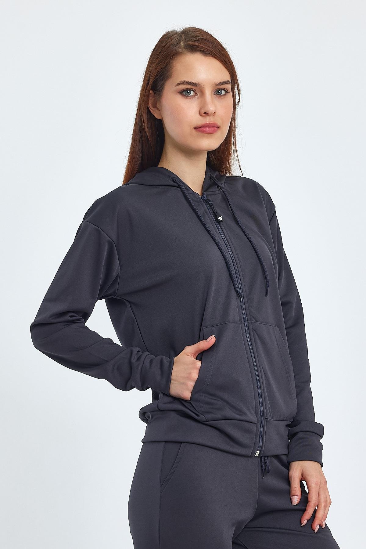 FİHA/5003-KADIN AKAT ŞARDONLU KAPŞ.FERMUARLI SWEAT - FÜME