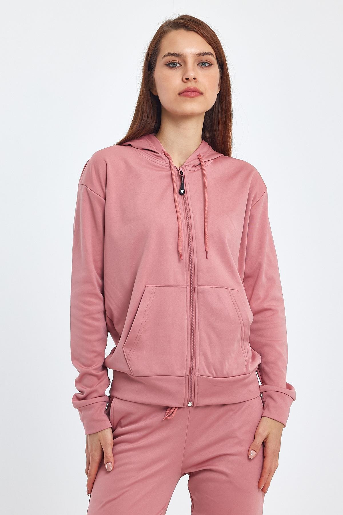 FİHA/5003-KADIN AKAT ŞARDONLU KAPŞ.FERMUARLI SWEAT - GÜL KURUSU